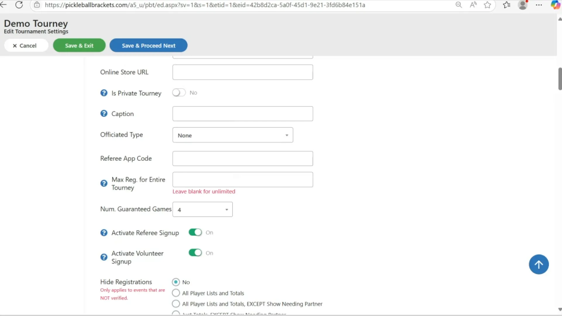 Settings for player capacity and guaranteed matches