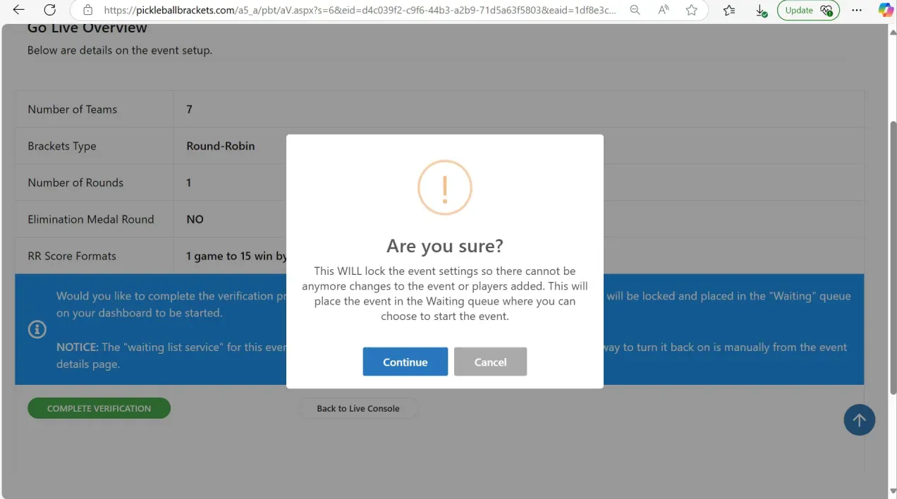 Final bracket review and complete verification button