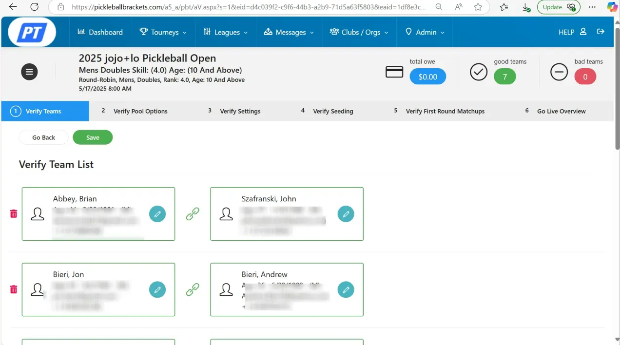 Teams verification screen showing partners and payment status