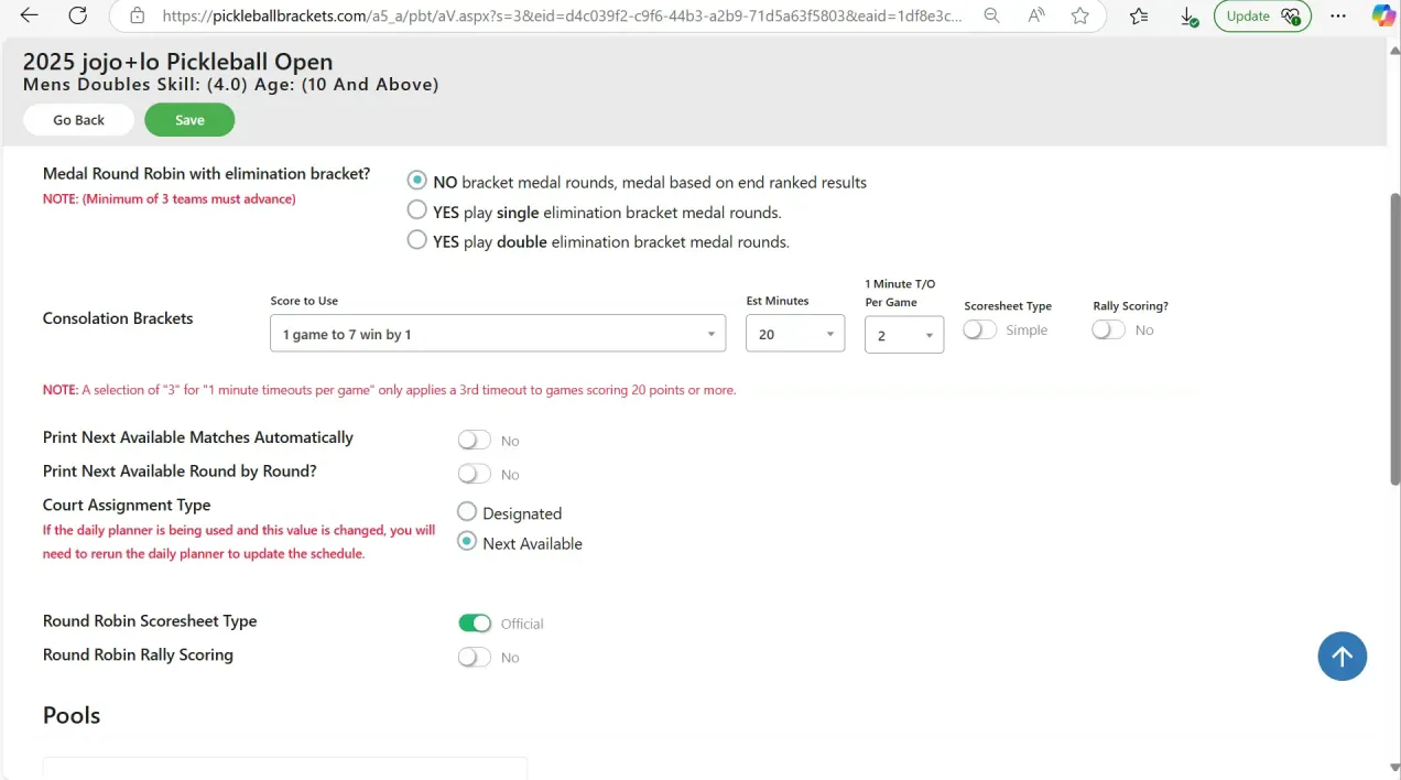 Match configuration and printing options screen