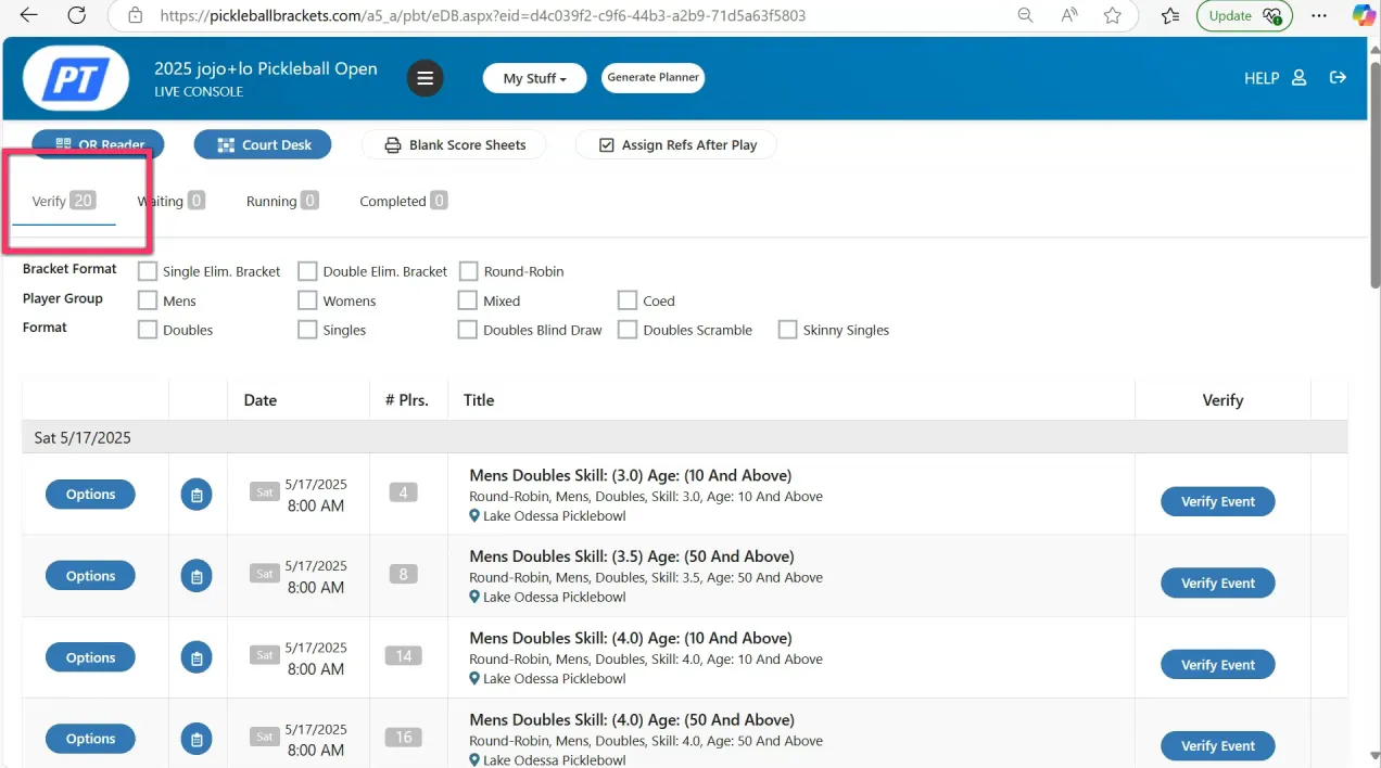 List of twenty events ready for verification in Live Console