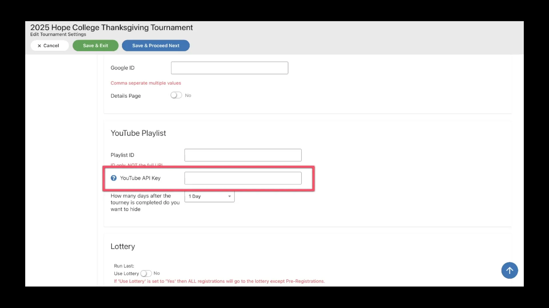 Entering YouTube API key in tournament settings