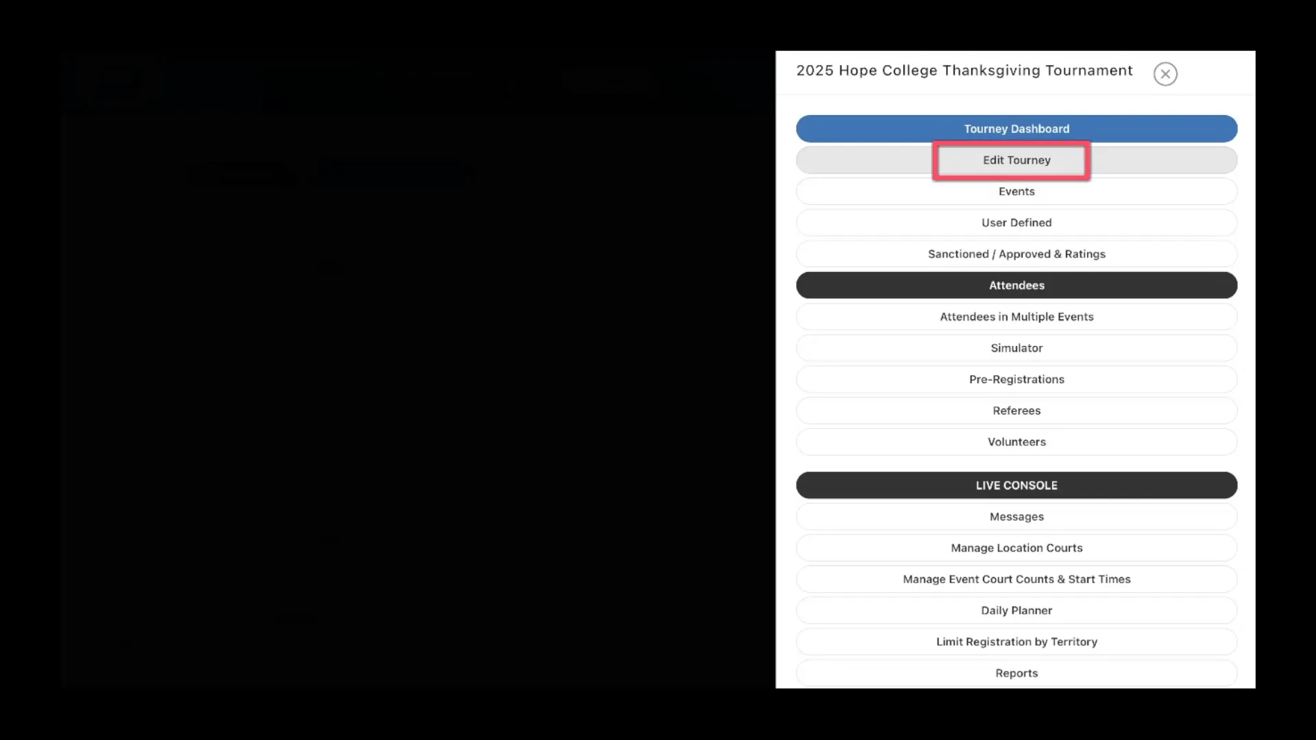 Tournament menu with edit tourney option