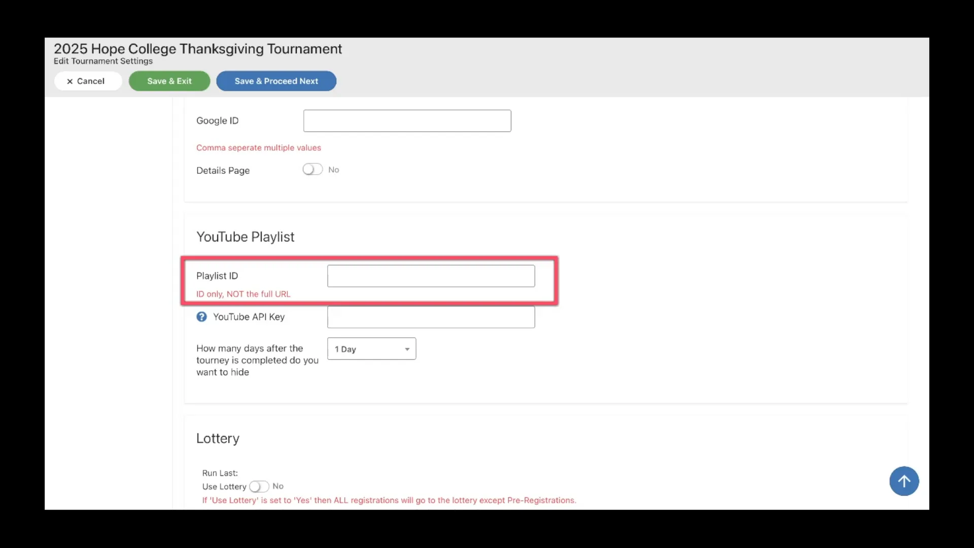 YouTube playlist section in tournament settings