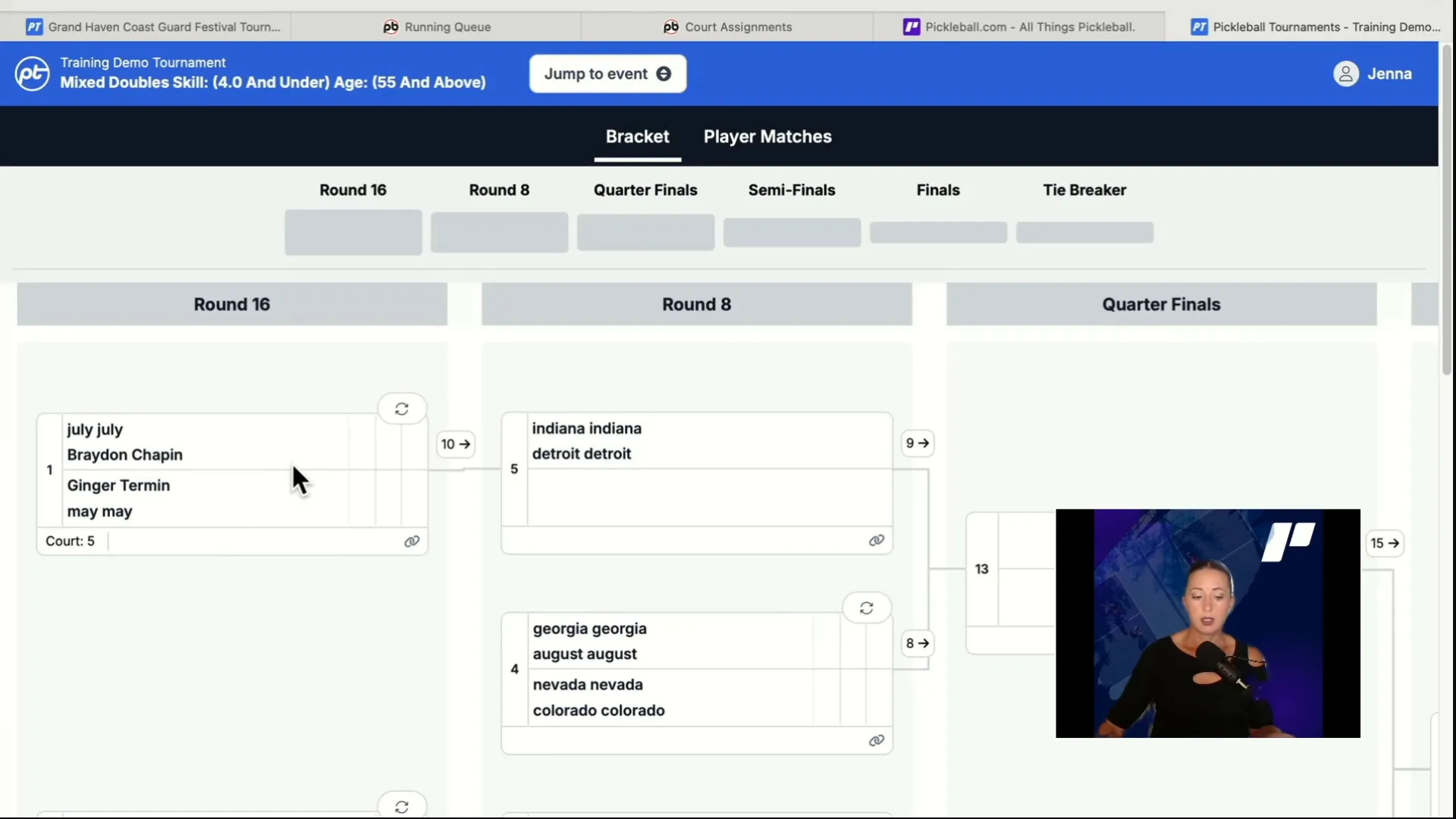 Example of a mixed doubles tournament bracket showing matches and player progression