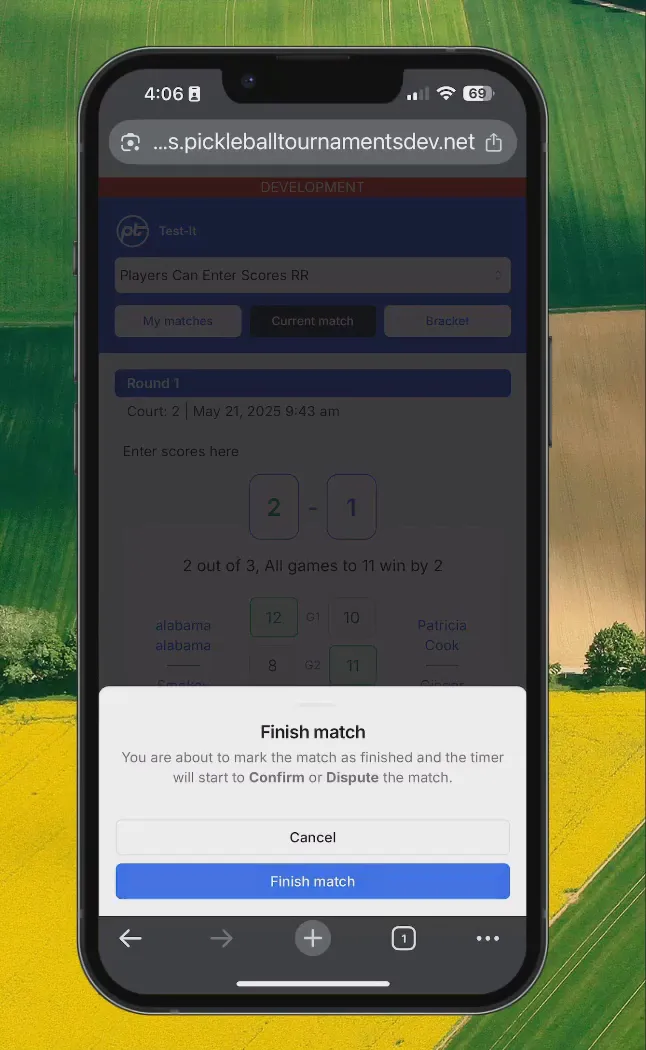 Finish match confirmation with timer starting