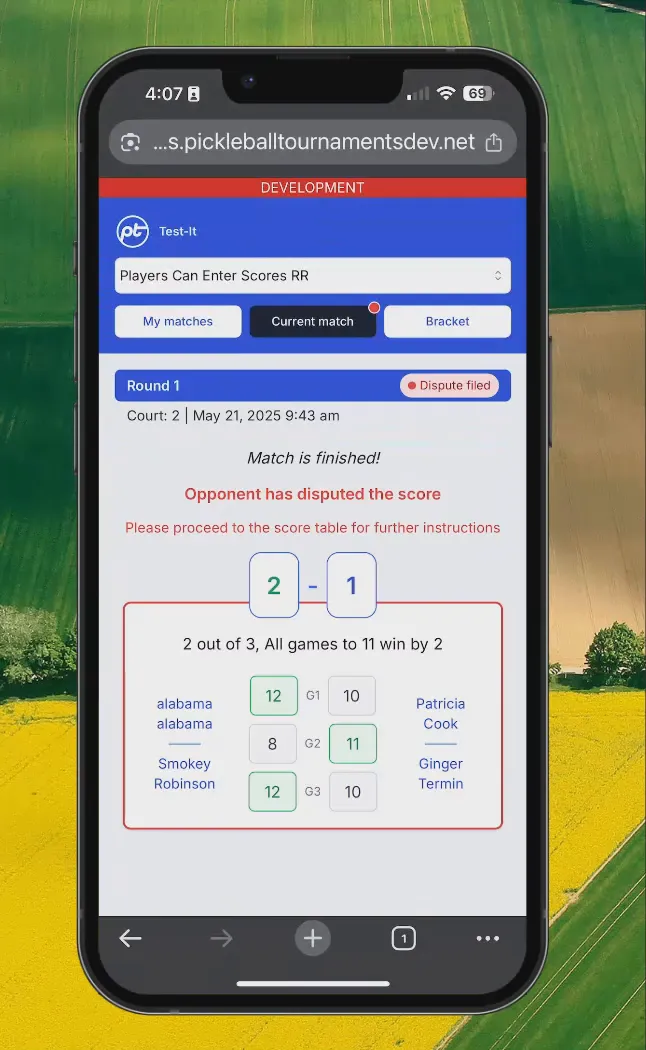 Score dispute notification and instructions to proceed to score table