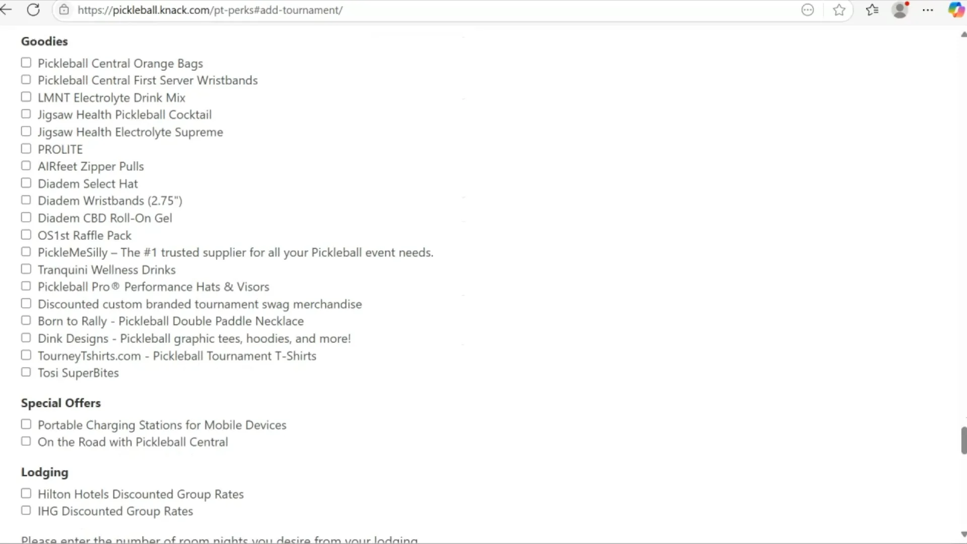 Available perks including gear and equipment