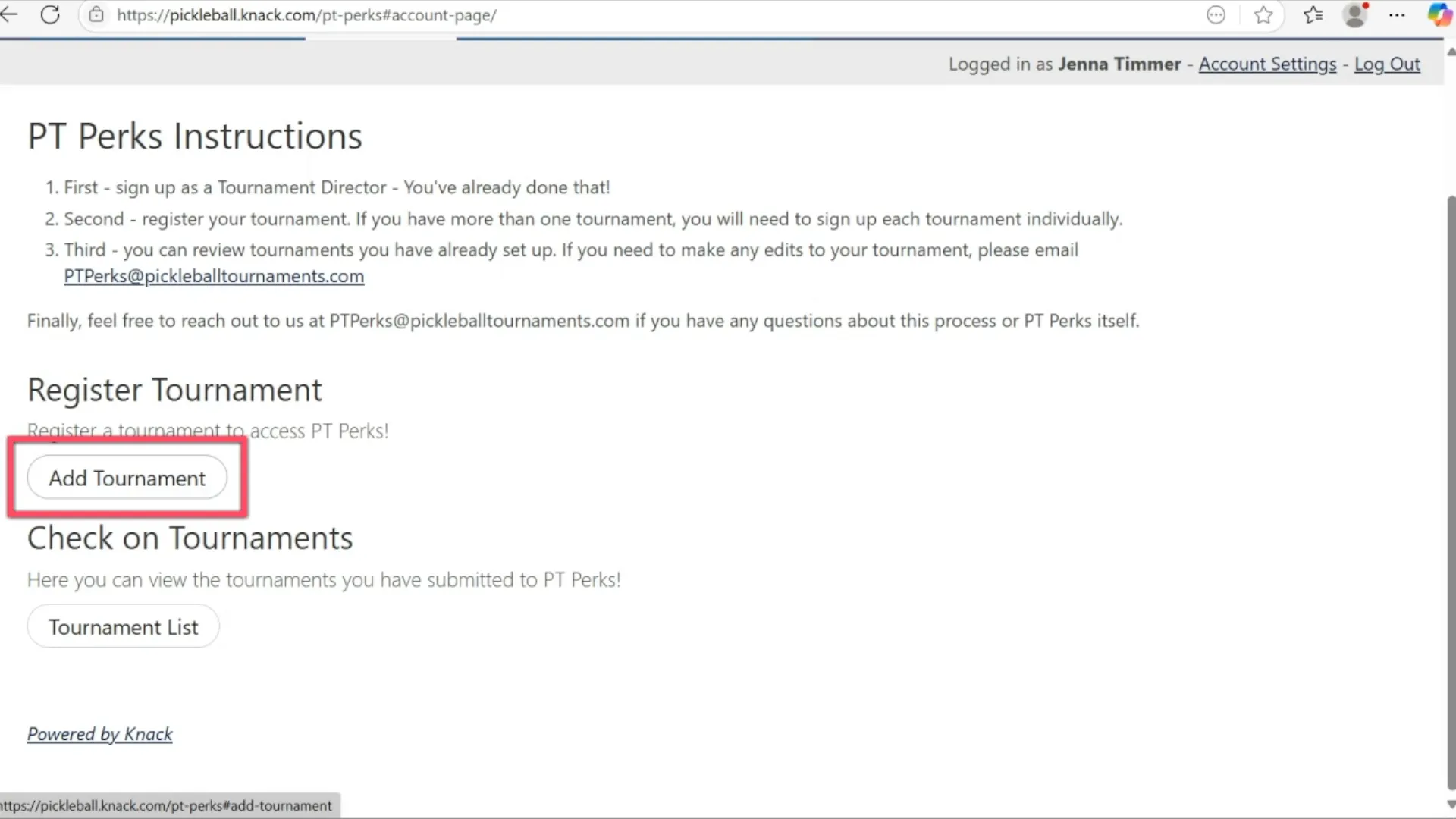 PT Perks tournament registration page