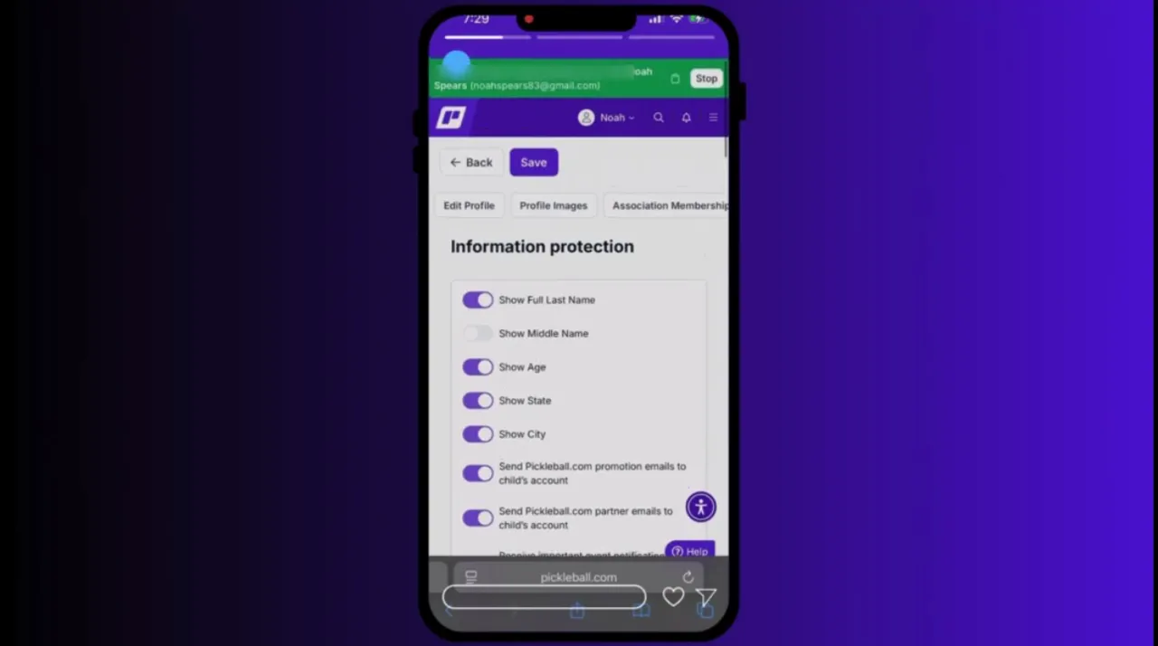 Mobile profile screen showing the 'Information protection' settings and a green banner at the top indicating you are impersonating the minor with a visible 'Stop' button.