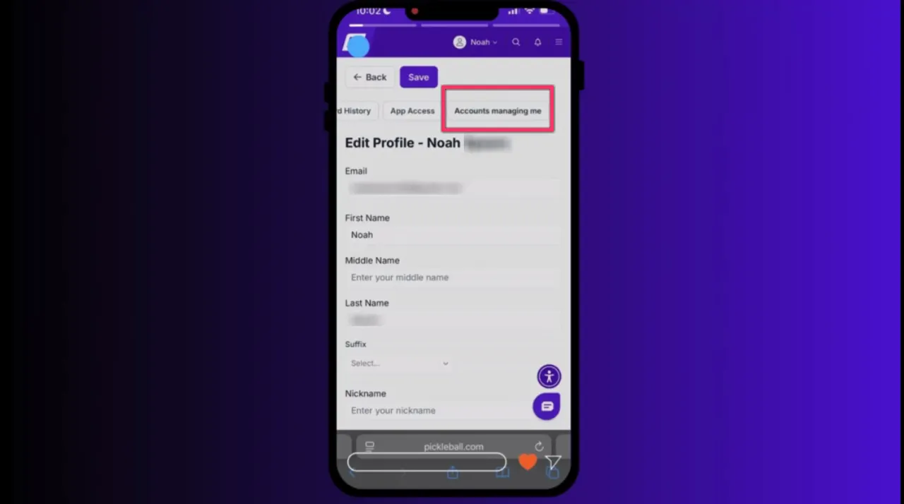 Edit Profile screen with the 'Accounts managing me' tab highlighted