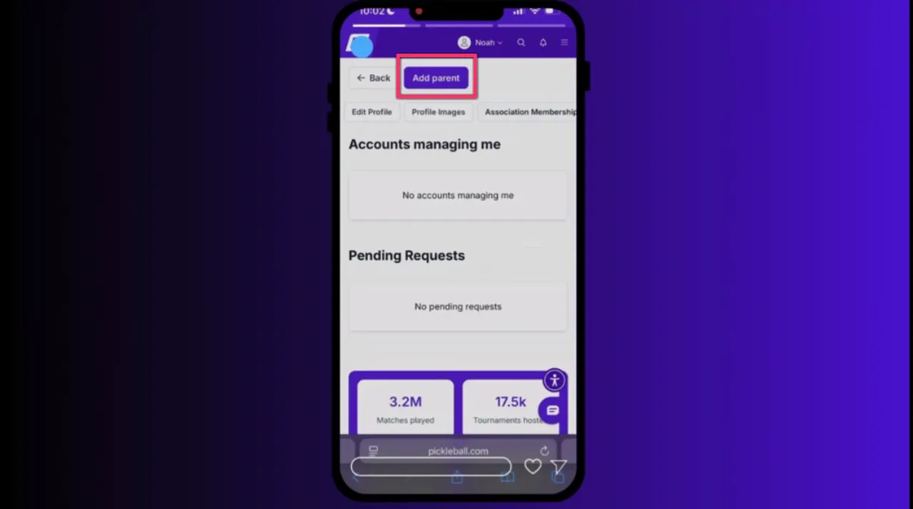 Mobile screen showing Accounts Managing Me page with an Add Parent button highlighted