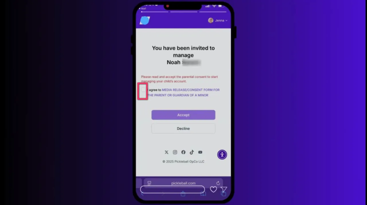 Parent invitation page on mobile with the consent checkbox highlighted and the Accept button visible