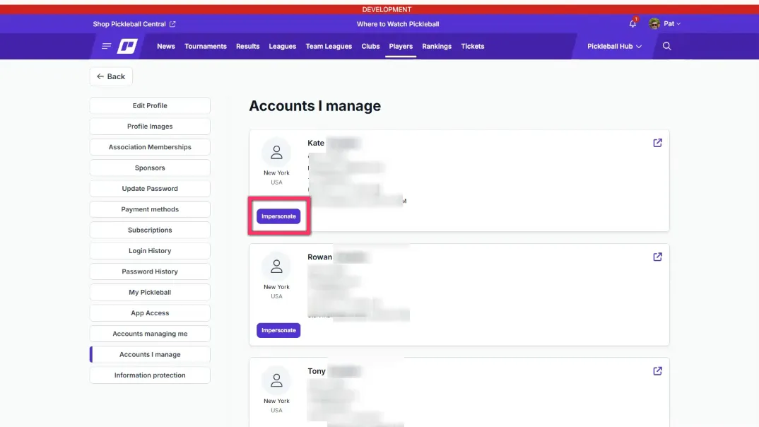 Accounts I manage section showing 'impersonate' button to act on behalf of a child