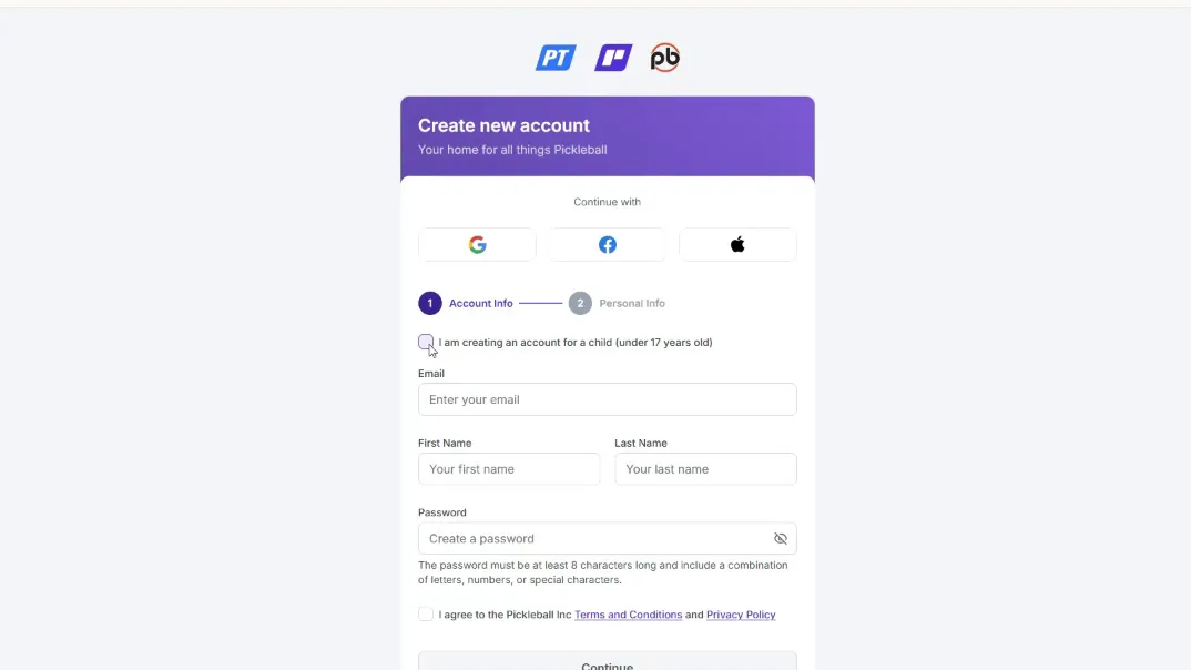 Pickleball.com sign up page showing 'I am creating an account for a child under seventeen years old' option