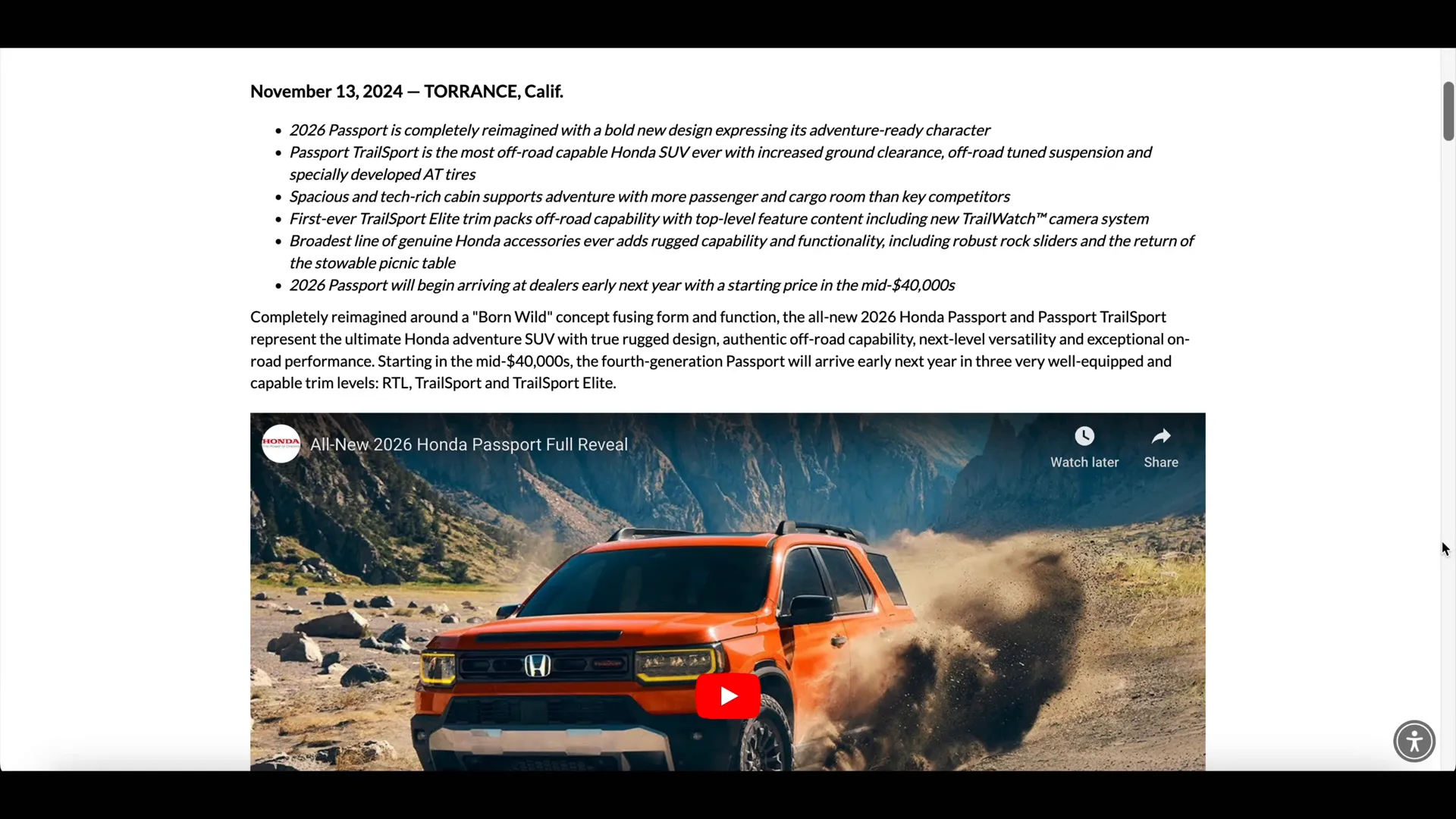 Exterior dimensions of the 2026 Honda Passport