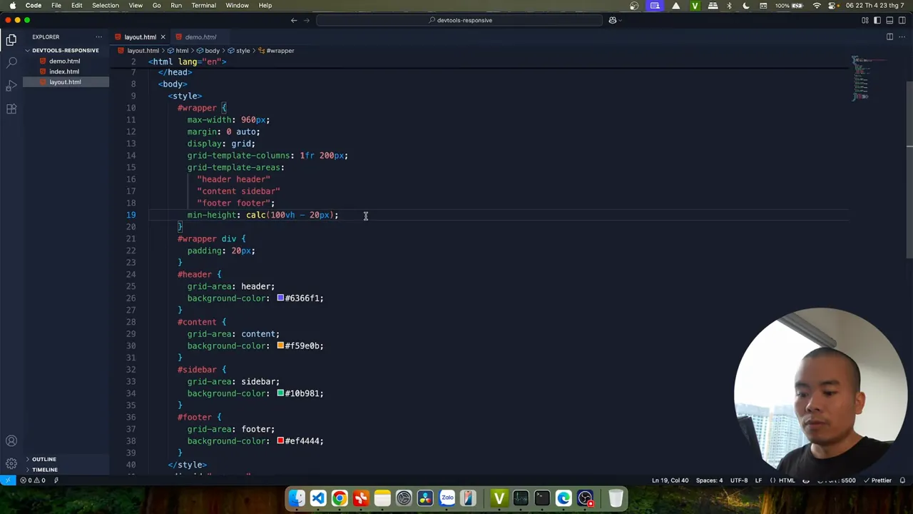 Layout CSS Grid với header phía trên, content và sidebar ở giữa, footer phía dưới