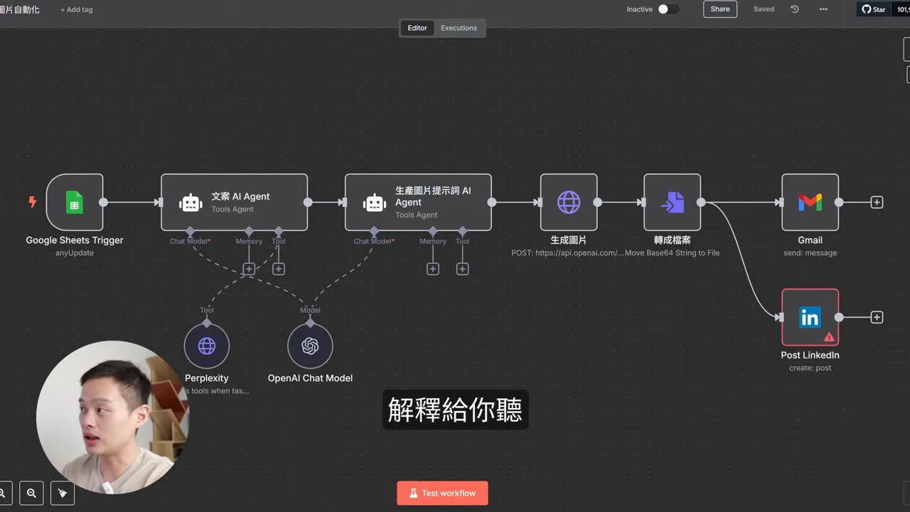 n8n 編輯器畫面,顯示 Google Sheets 觸發、文案與圖片生成 AI Agent 節點,以及 Gmail/LinkedIn 發佈節點