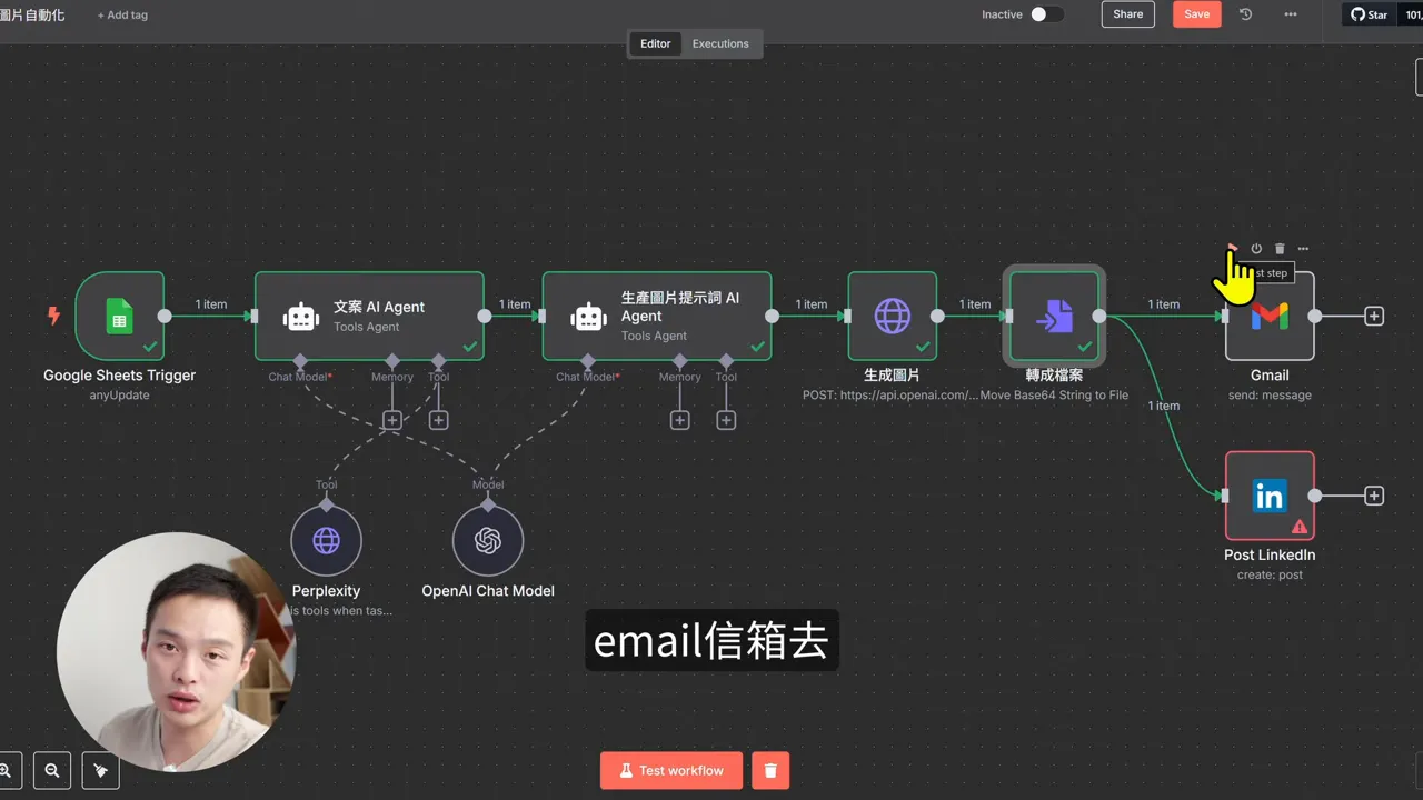 n8n workflow highlighting Gmail node with cursor and subtitle 'email信箱去', showing the flow from Google Sheets through AI agents to Gmail and LinkedIn