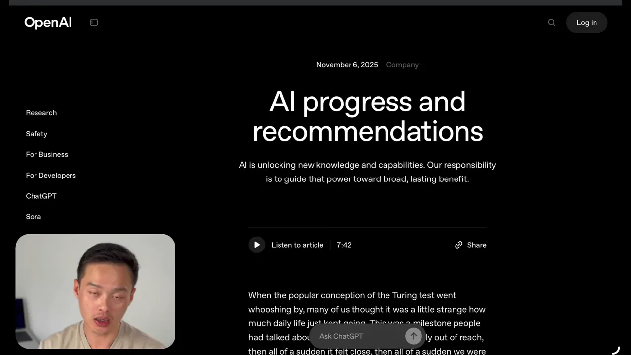 OpenAI 網站文章截圖,中央標題為 'AI progress and recommendations',清晰可讀