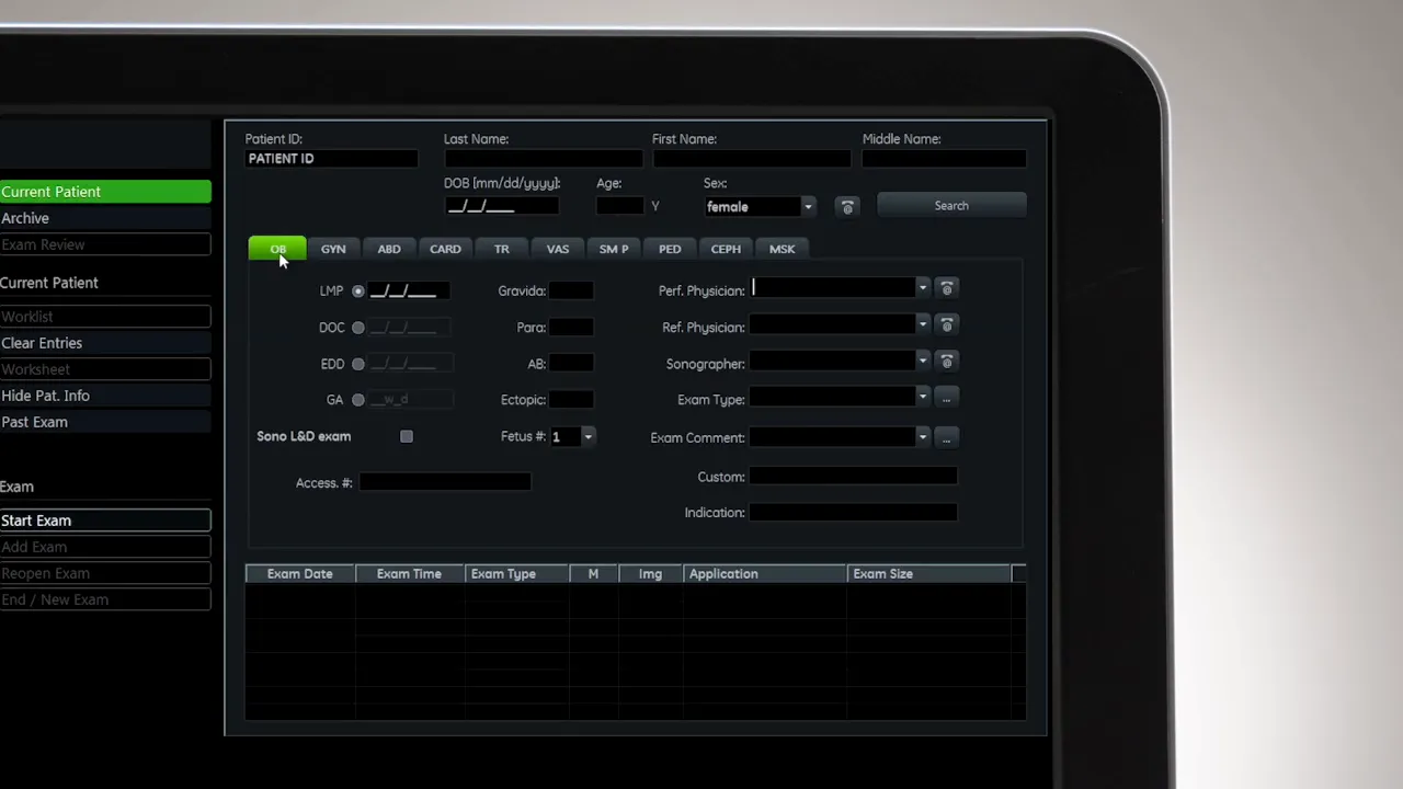 Voluson P8 Monitor mit offenem Patientendatenformular, hervorgehobener OB-Tab