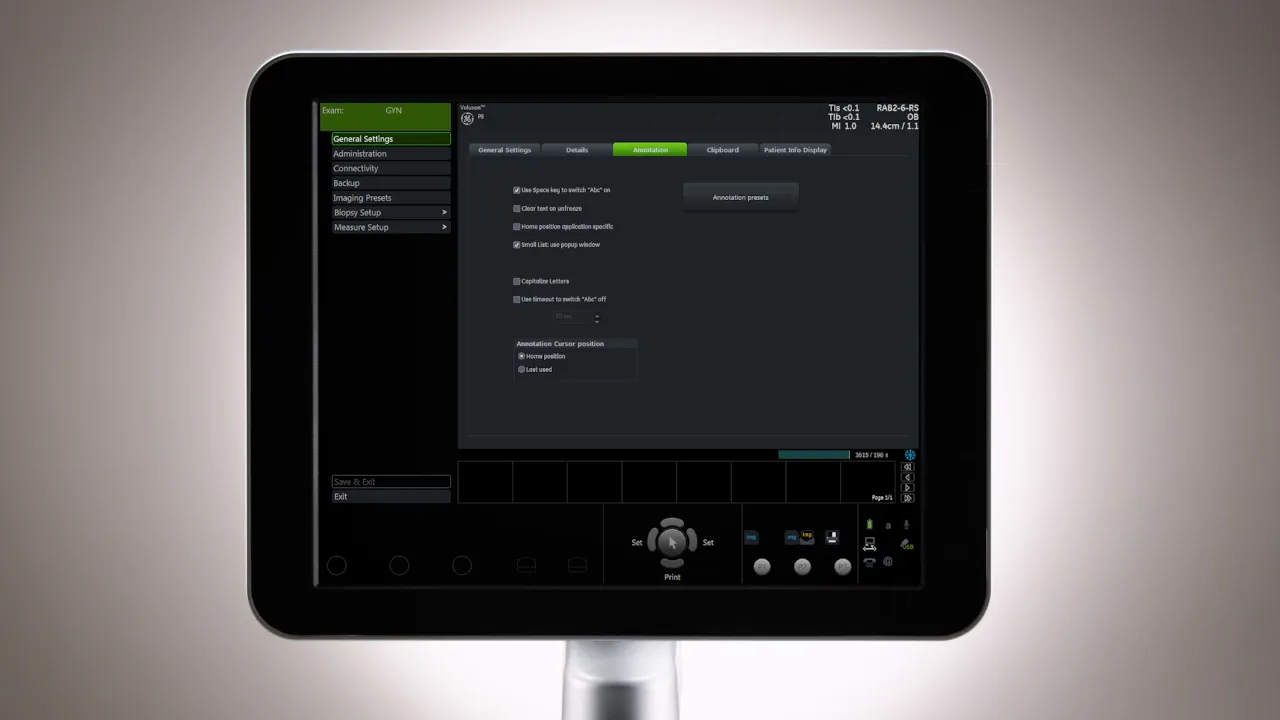 Voluson P8 Monitor mit System Setup Interface, Annotation-Tab sichtbar