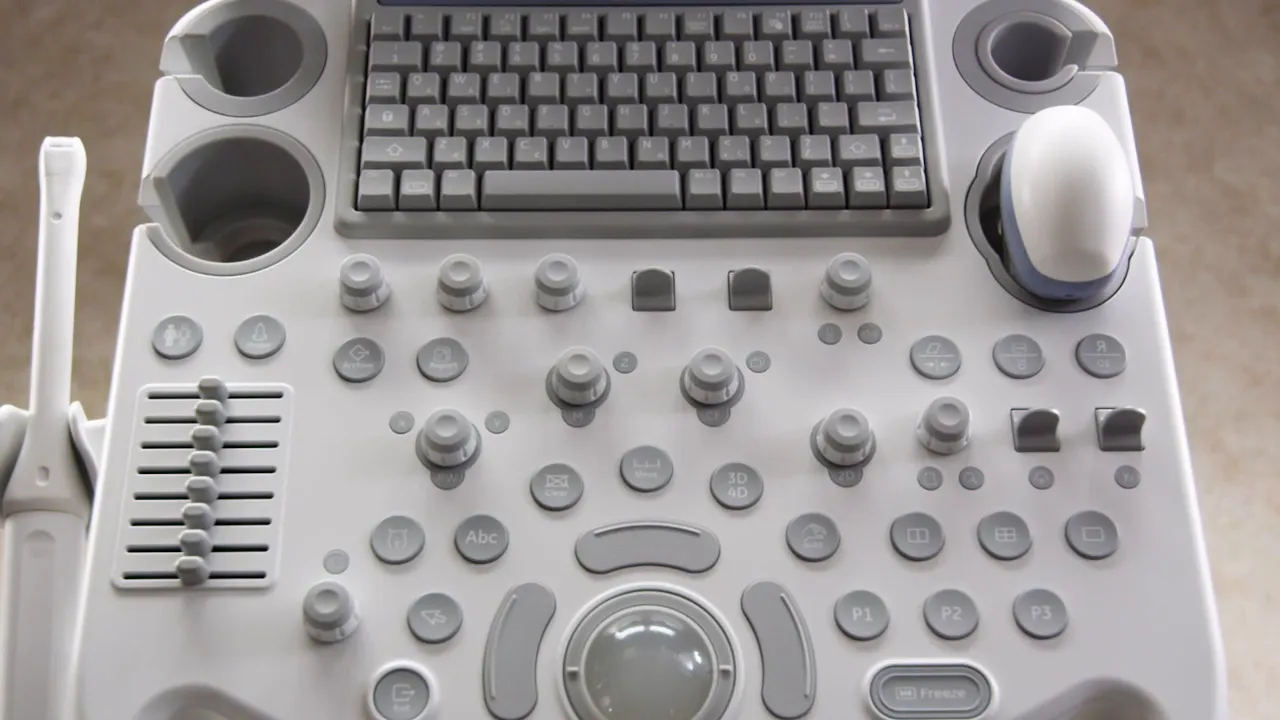 Voluson P8 Bedienfeld mit Trackball, Knöpfen und 3D/4D‑Taste