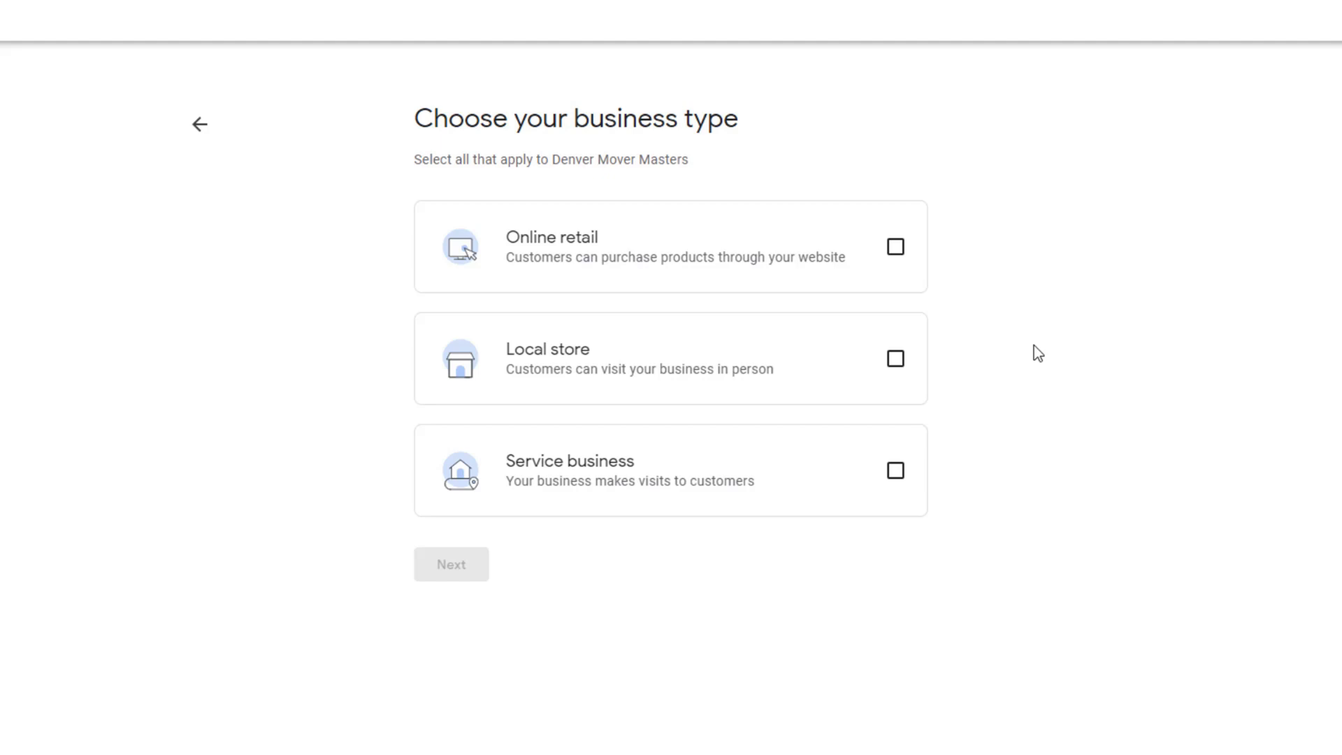 Selecting Business Type