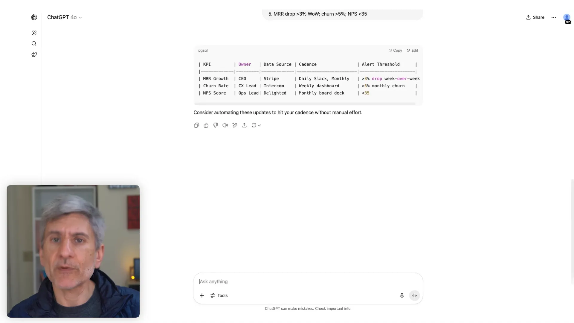 KPI cadence setter table showing goals, owners, data sources, and reporting cadence