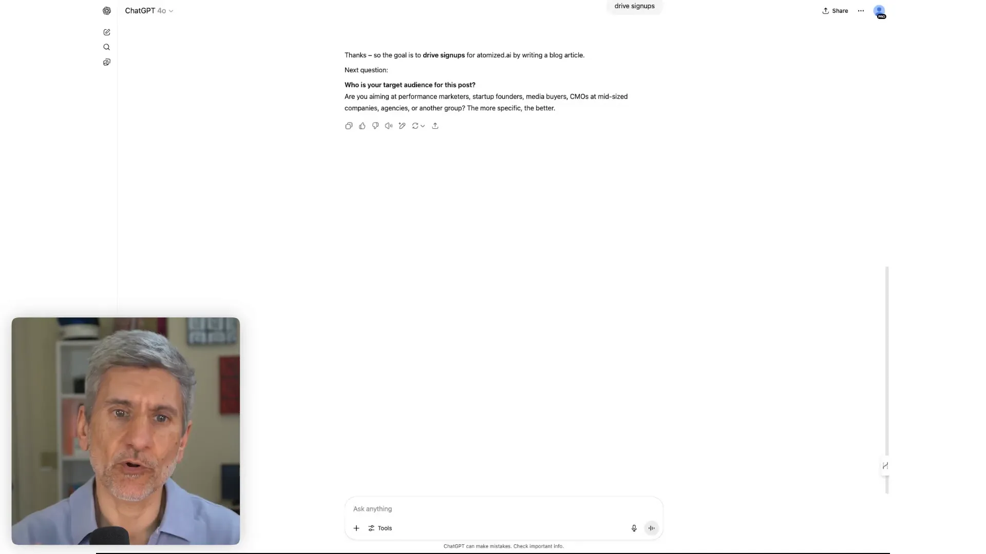 Meta prompt asking detailed questions to clarify goals