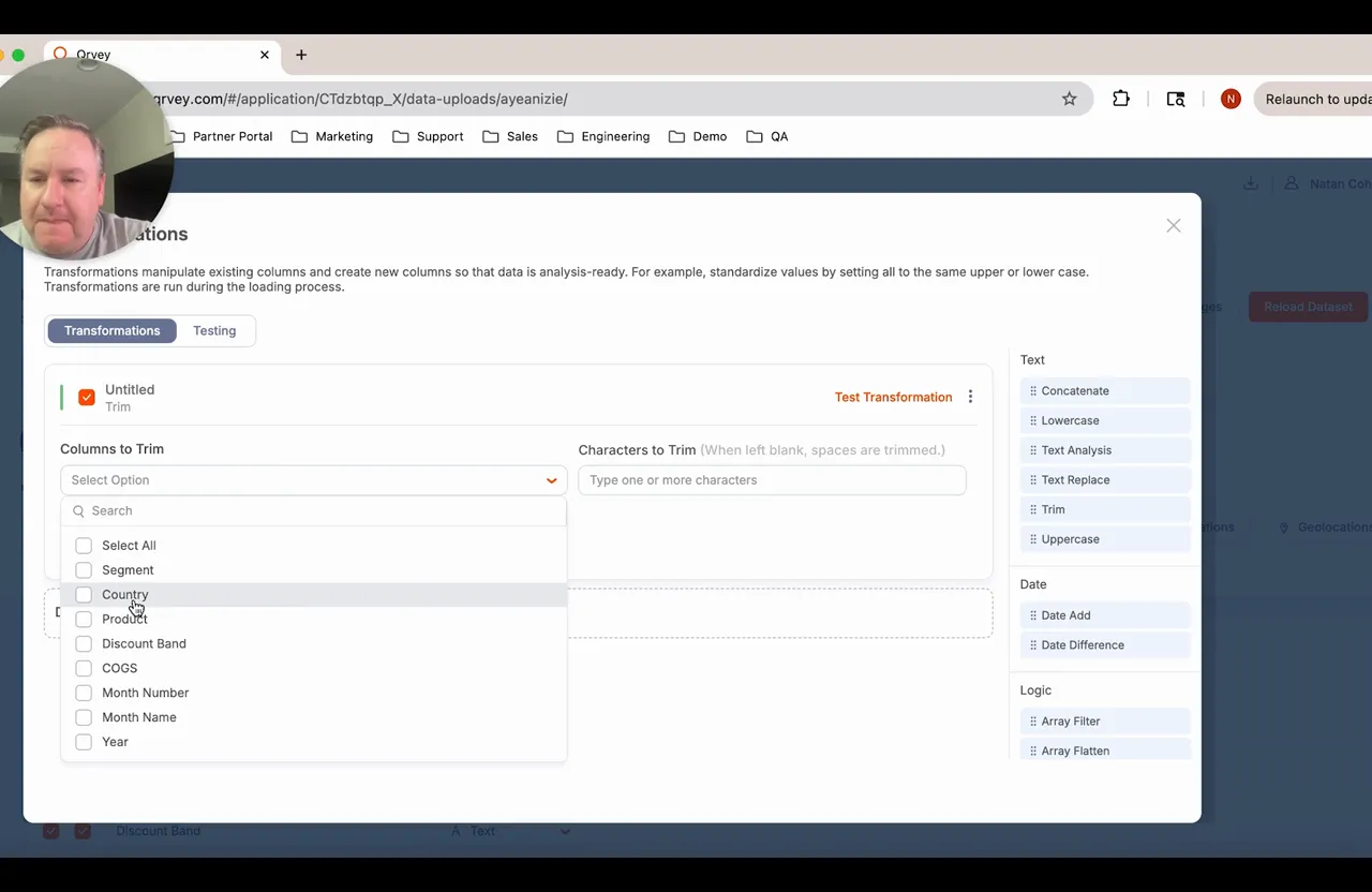 Trim transform dropdown expanded showing column list with 'Country' highlighted and selection checkboxes; 'Update Existing' output option visible.