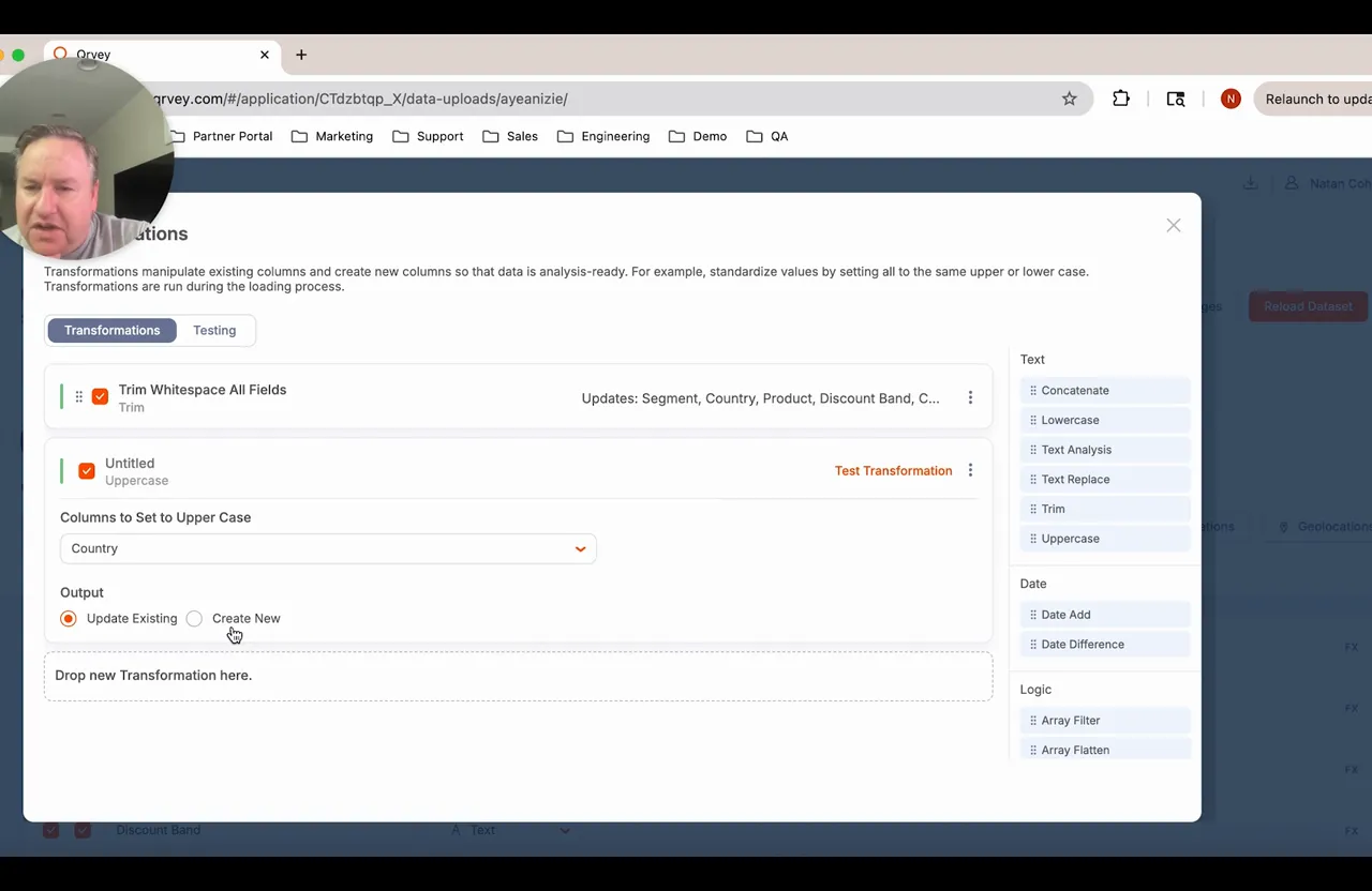 Qrvey transformations panel with 'Columns to Set to Upper Case' showing Country selected and the 'Update Existing' radio option chosen.
