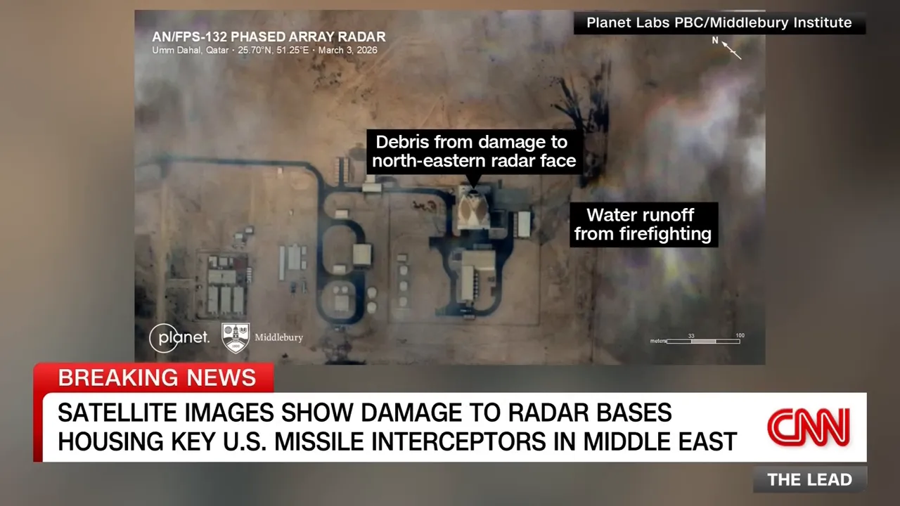 Annotated satellite image showing debris and water runoff at a damaged phased-array radar site.