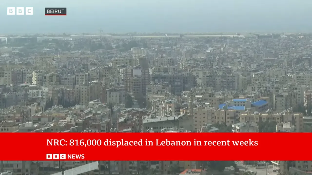 Panorama urbain de Beyrouth avec un bandeau BBC indiquant «NRC : 816 000 déplacés au Liban», illustrant l'ampleur du déplacement