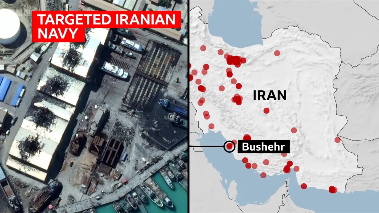 Vue satellite d'un chantier naval endommagé avec une carte des frappes en Iran indiquant Bushehr.