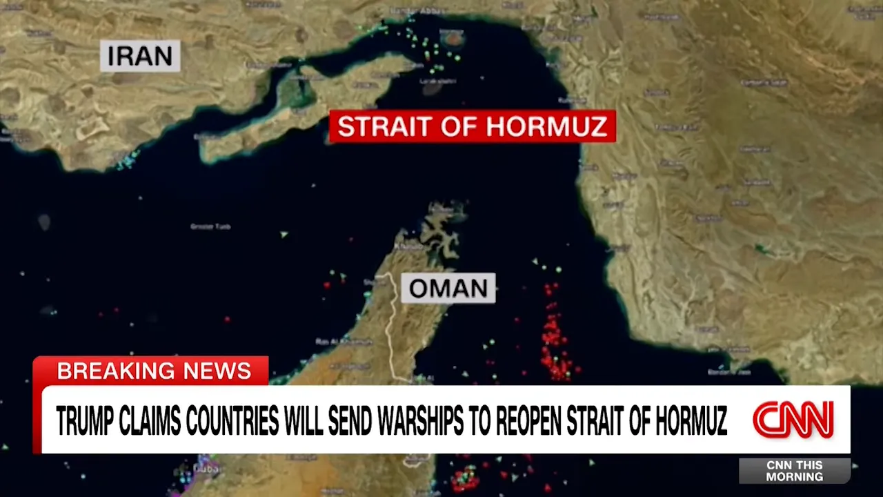 Satellitenkarte der Straße von Hormus mit Markierungen und Beschriftungen Iran und Oman