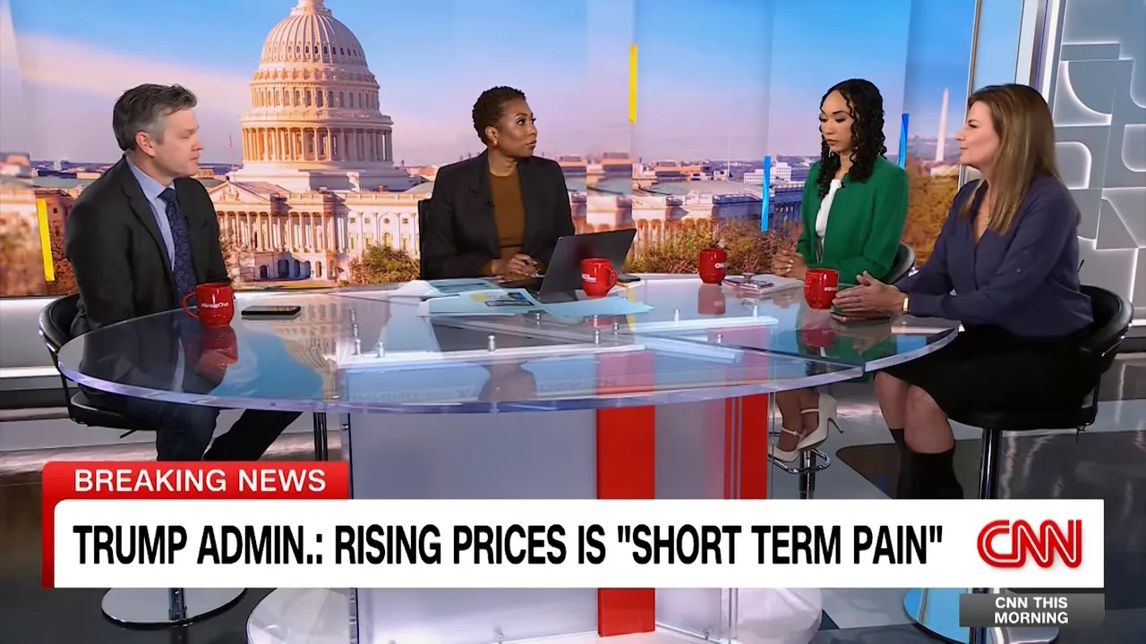 Fernsehstudio mit Breaking‑News‑Band: 'TRUMP ADMIN.: RISING PRICES IS 