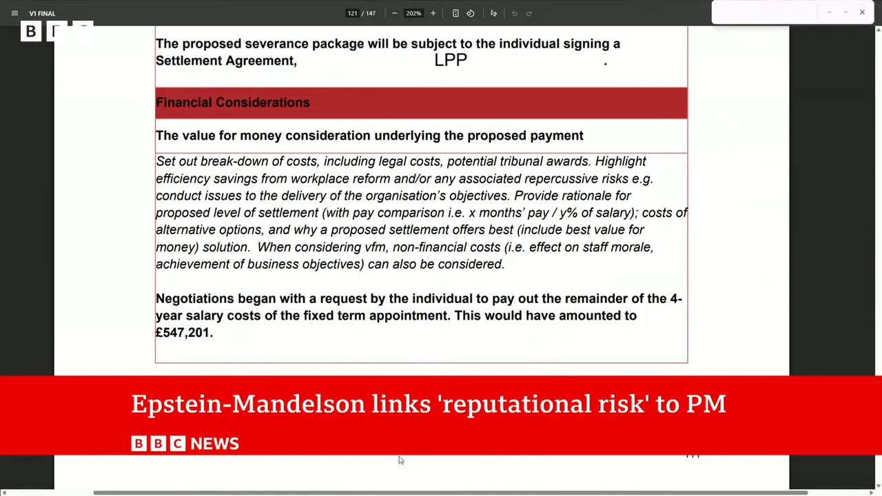 Capture d'écran d'un document officiel affichant la section « Financial Considerations » avec un bandeau d'actualité rouge de la BBC signalant un risque réputationnel lié à la nomination.