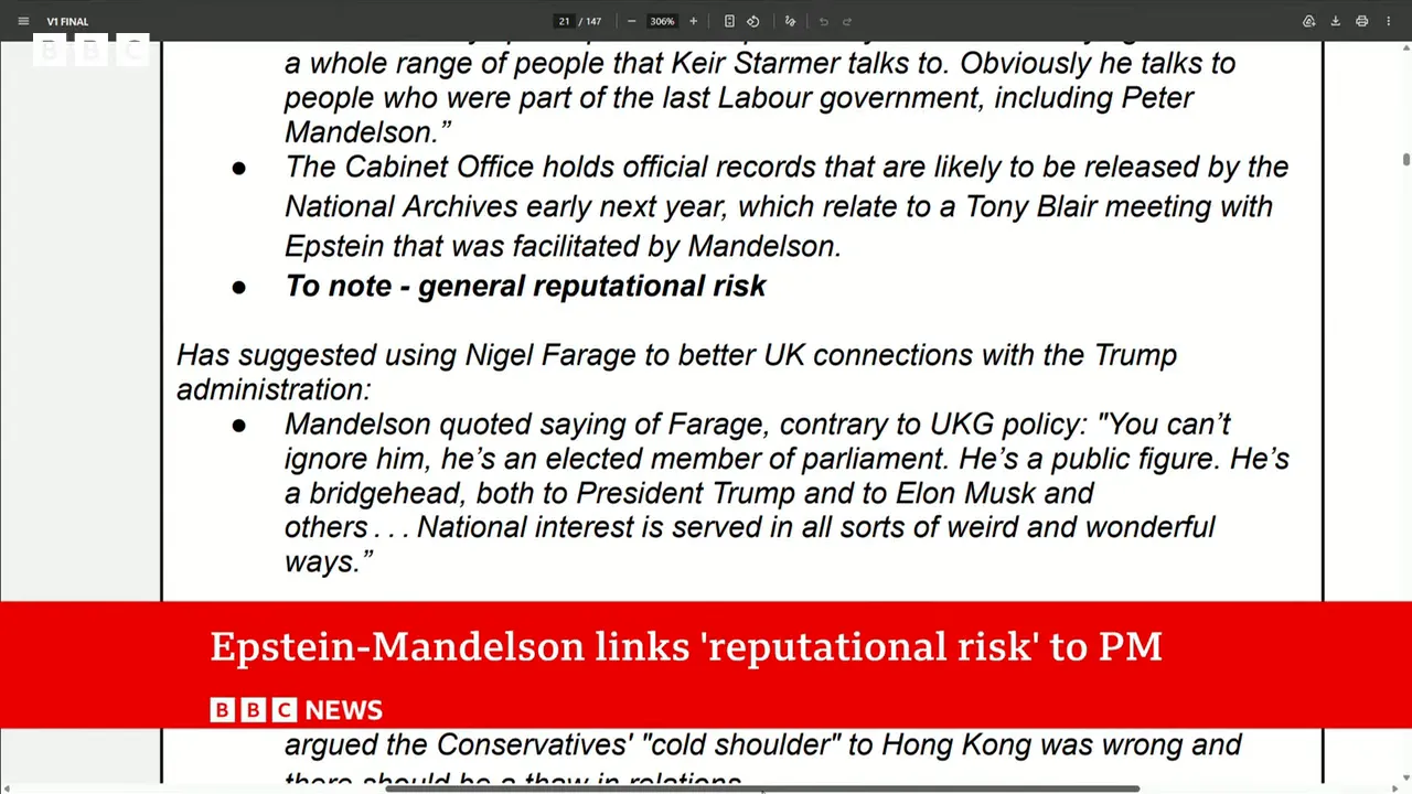Capture d'écran d'un document officiel avec la mention 'To note - general reputational risk' et le bandeau BBC News 'Epstein-Mandelson links 'reputational risk' to PM'.