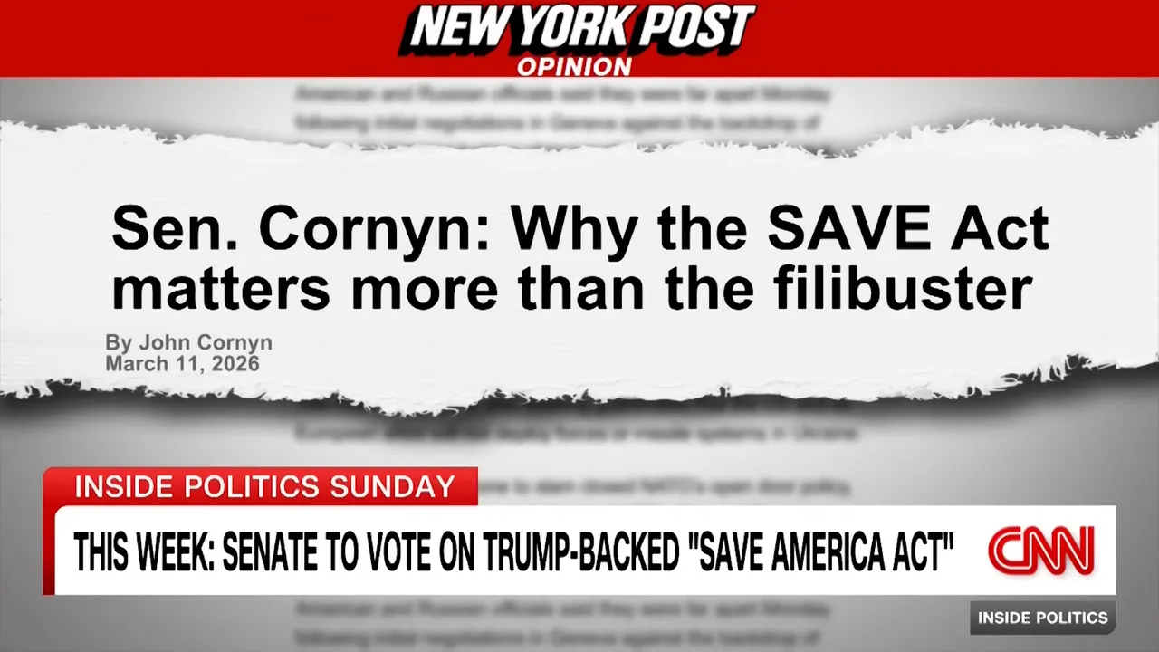 Fernsehgrafik mit großer Überschrift zum SAVE‑Act und einem CNN‑Ticker zur bevorstehenden Senatsabstimmung.