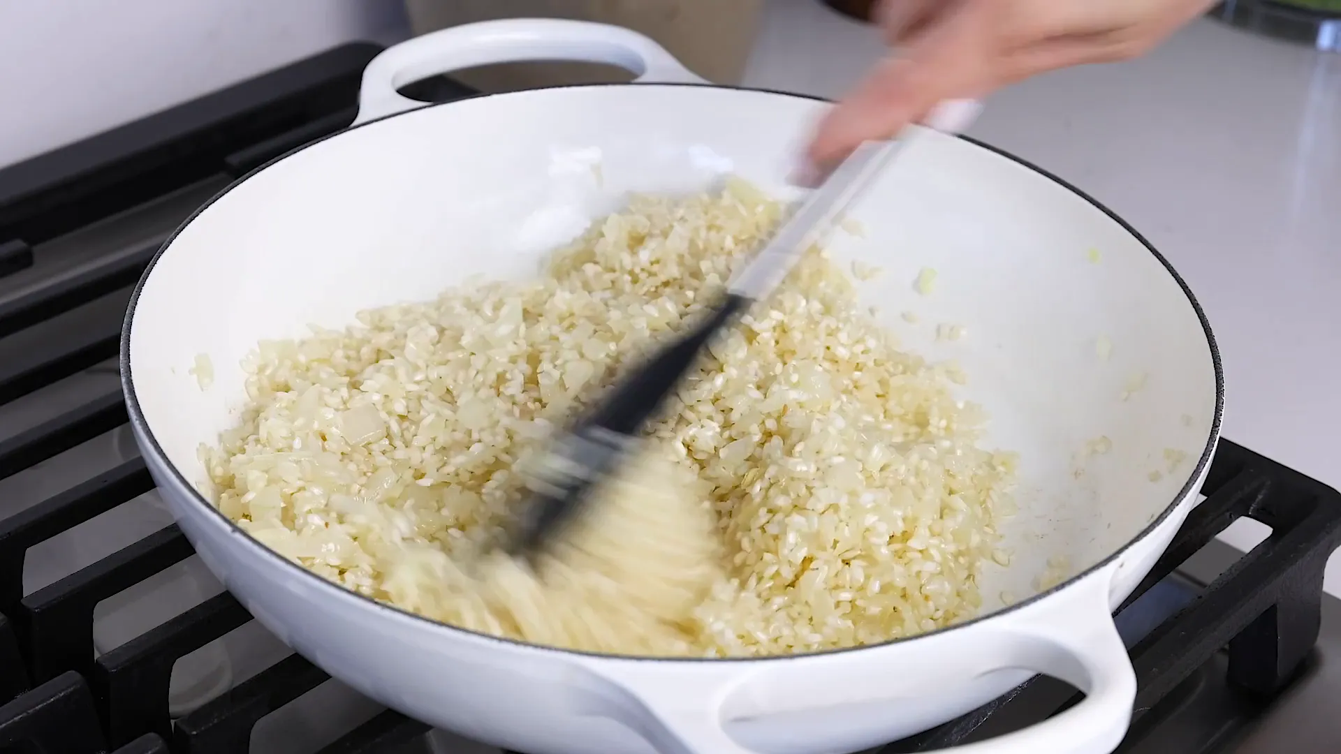 Toasting rice in pan