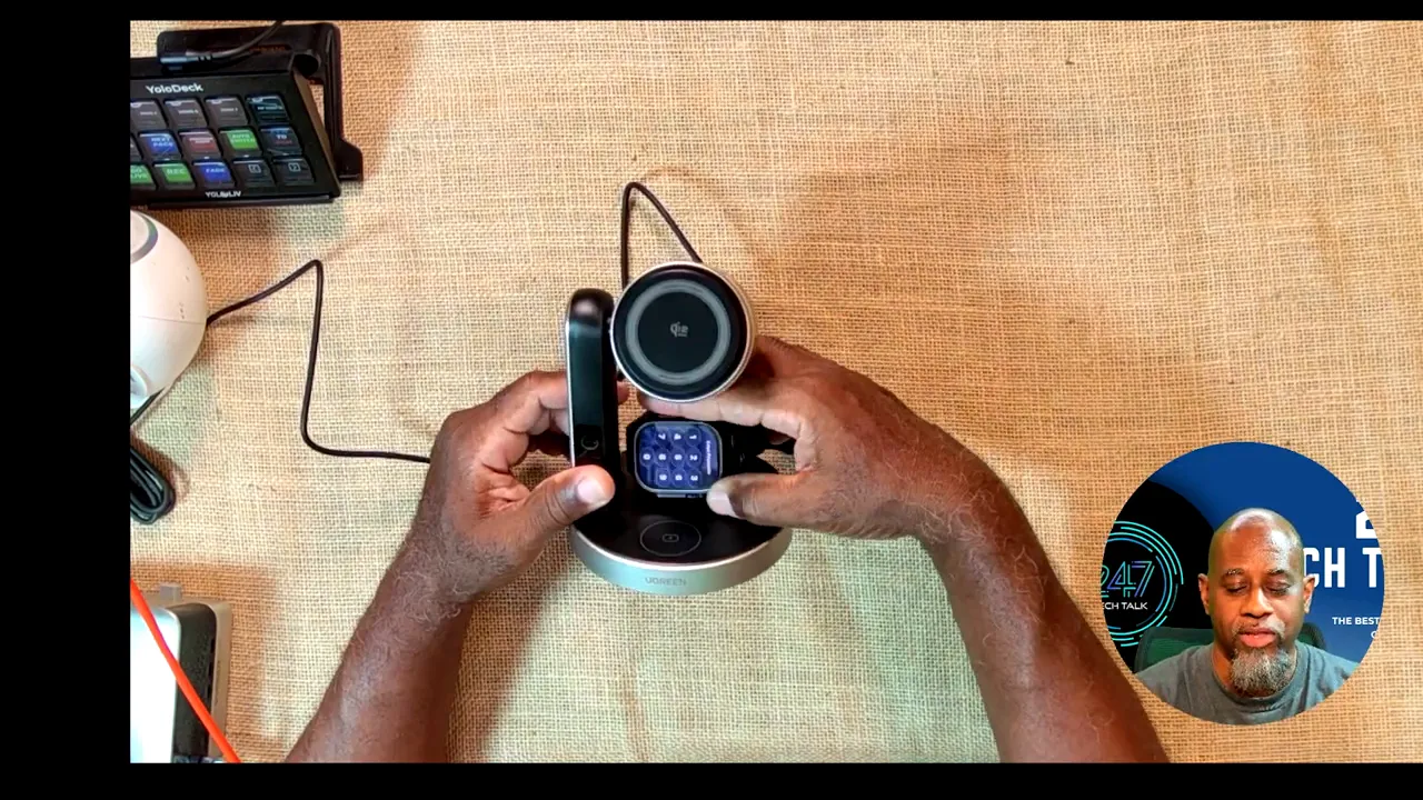 Raised Apple Watch charging mount holding an Apple Watch upright on the charging stand