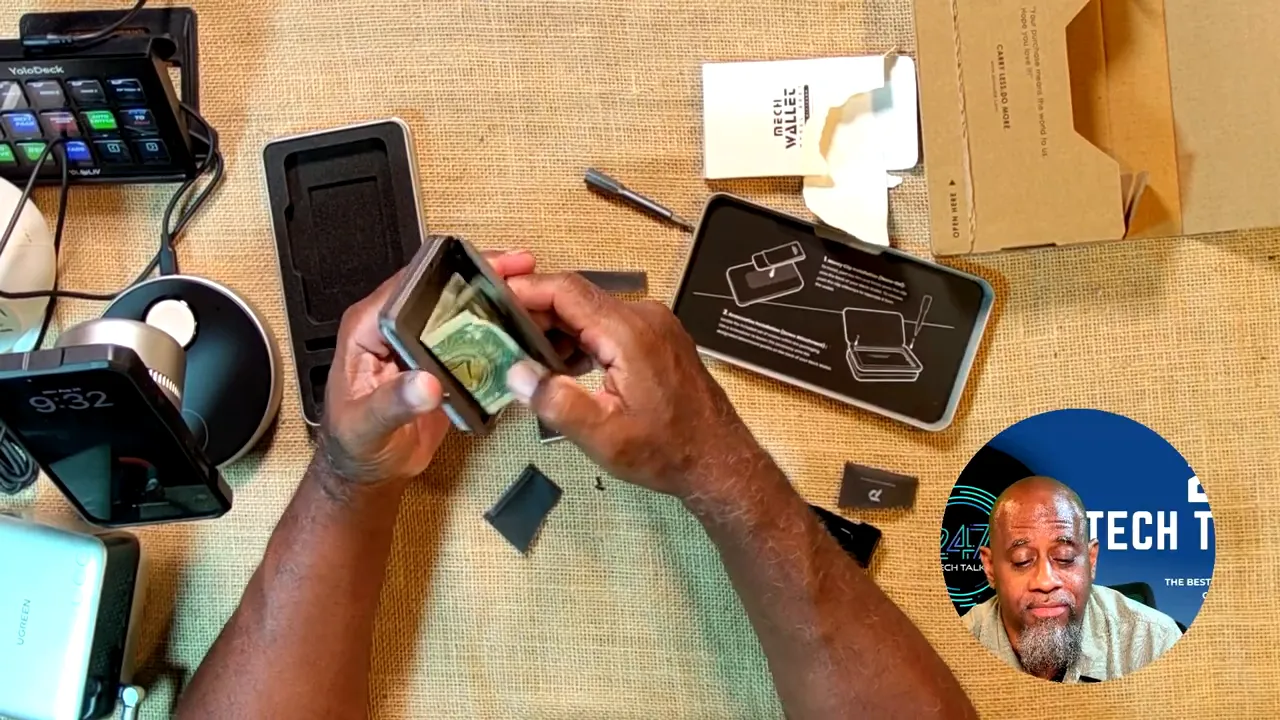 Wallet opened with a card visible in the rear compartment beside the main card holder