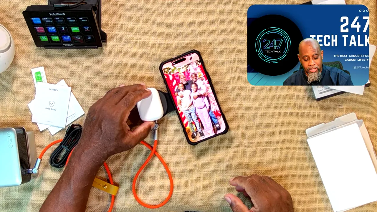 iPhone showing charging status beside a white AirPods case on the open wireless charger