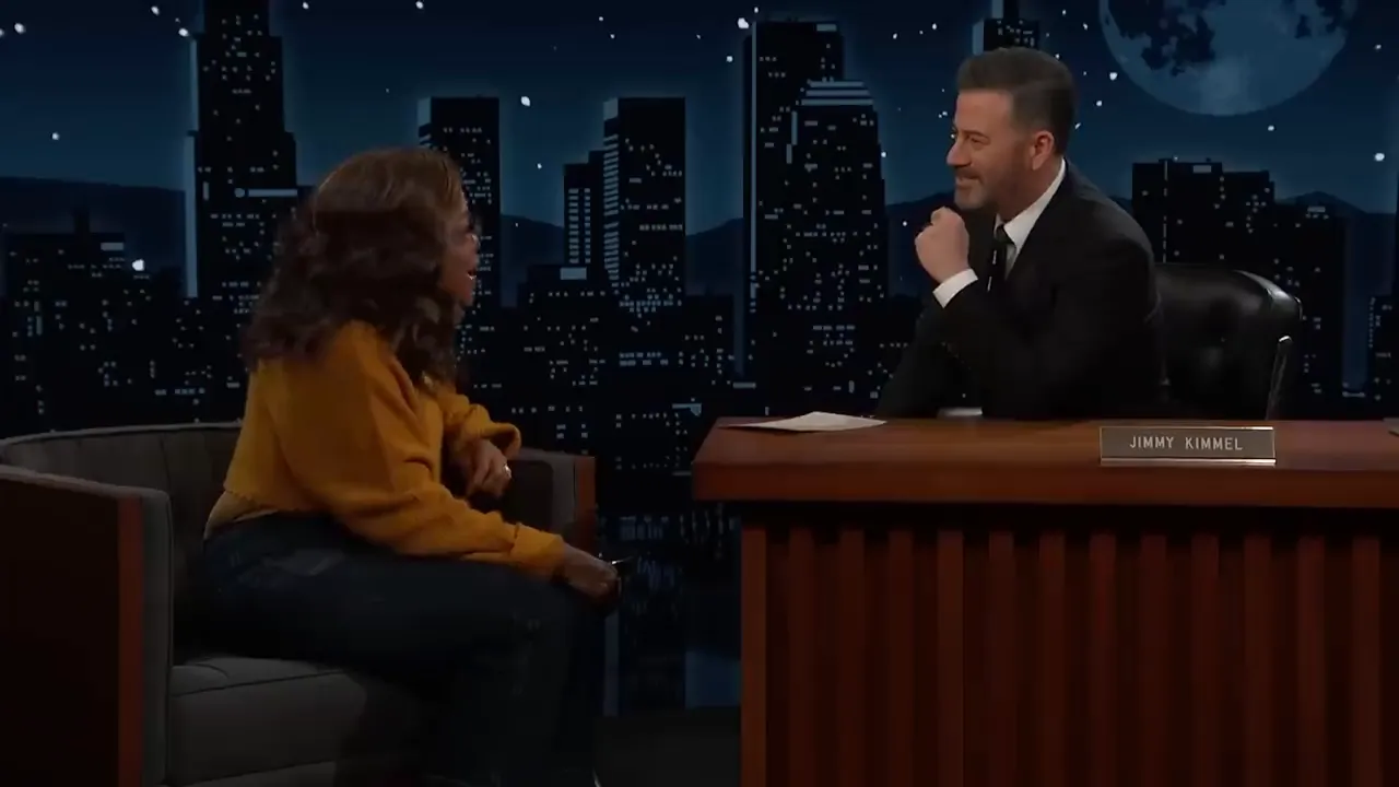 Oprah Winfrey on stage with Jimmy Kimmel