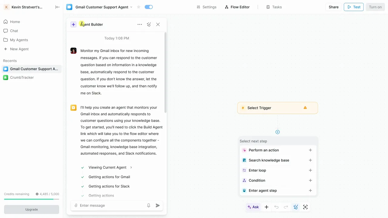 Flow Editor showing generated agent with steps