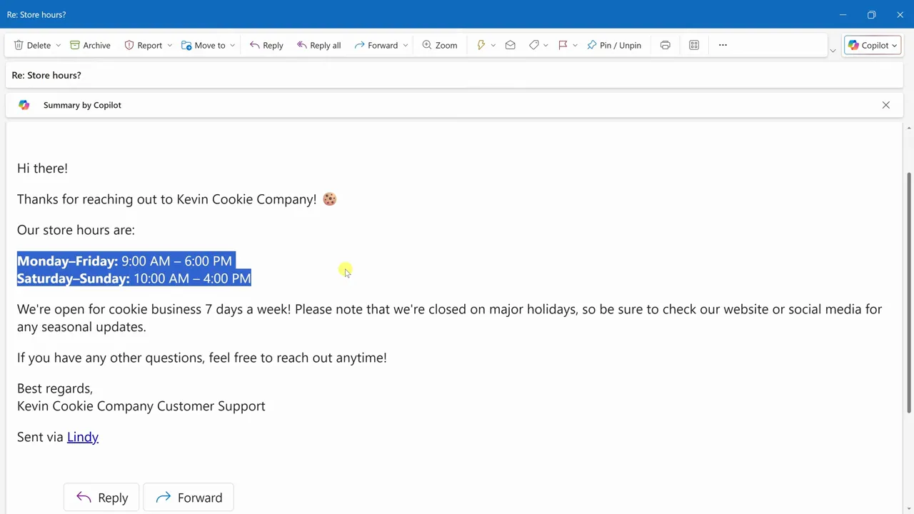 Inbox showing automated reply that includes store hours
