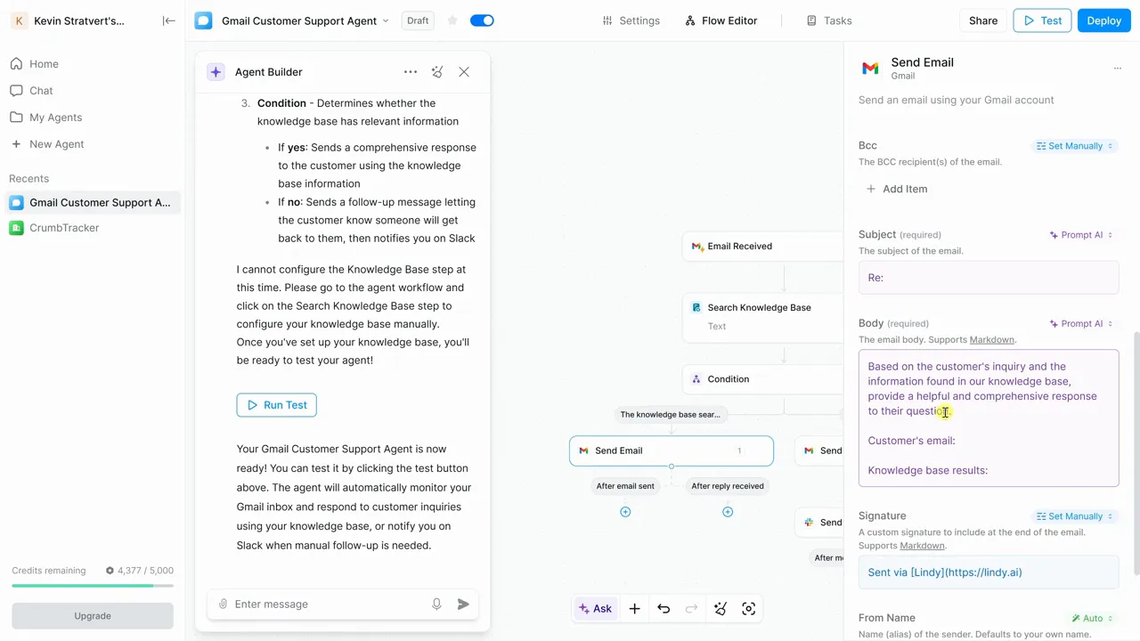 Send email step showing AI-generated subject and body and Save as Draft option