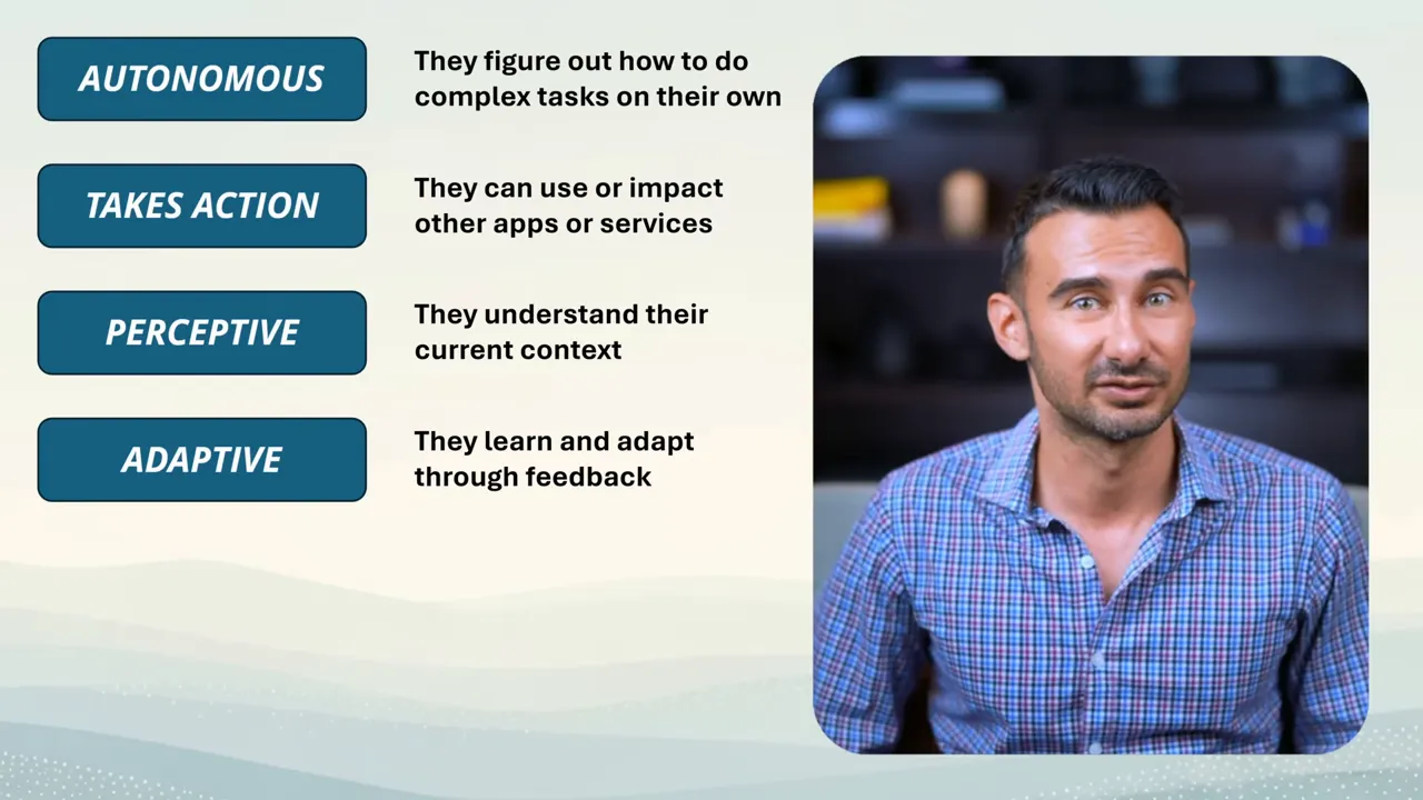 Five characteristics of AI agents listed on screen: autonomous, action-taking, perceptive, adaptive, and proactive