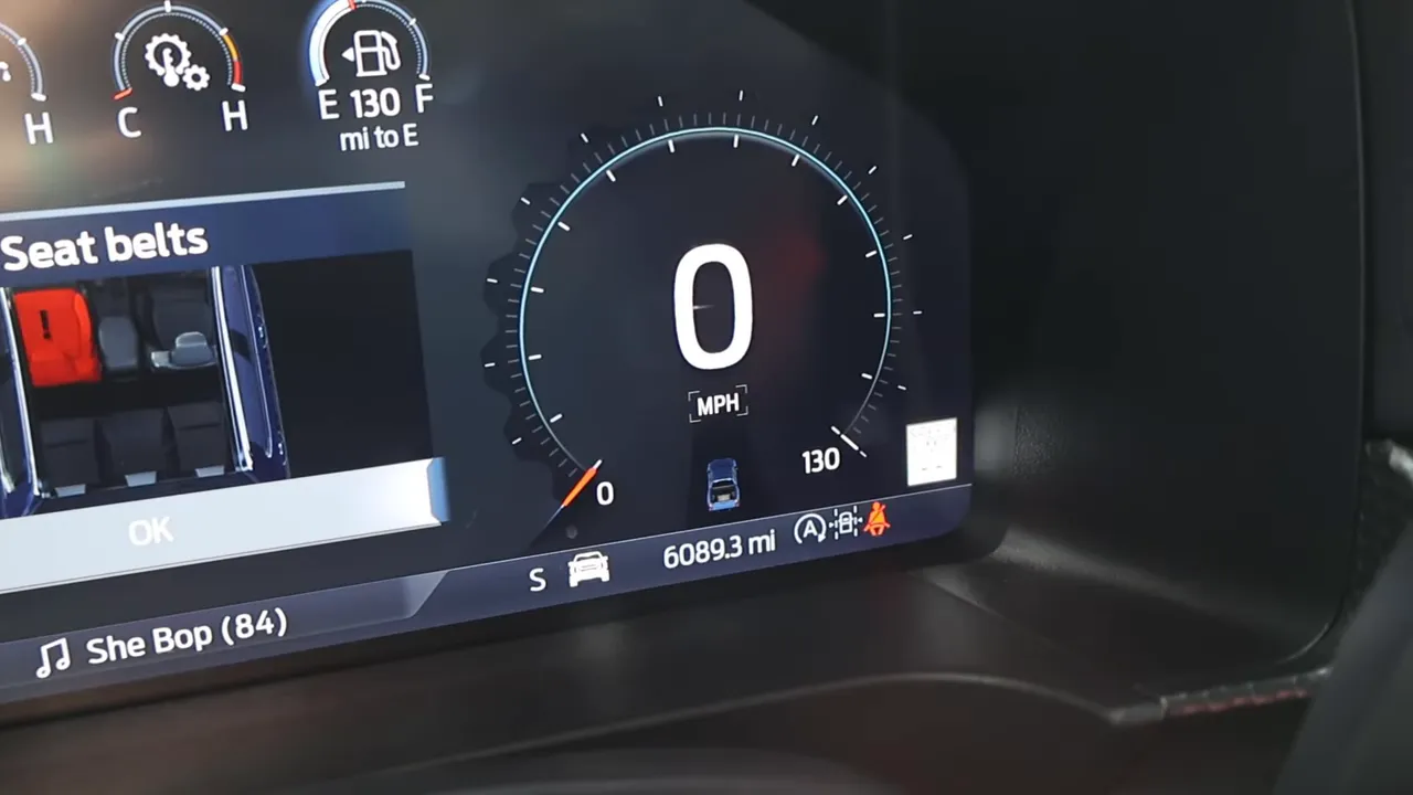 Crisp shot of the Ranger Raptor digital instrument cluster showing 0 MPH and an odometer reading of 6089.3 miles.